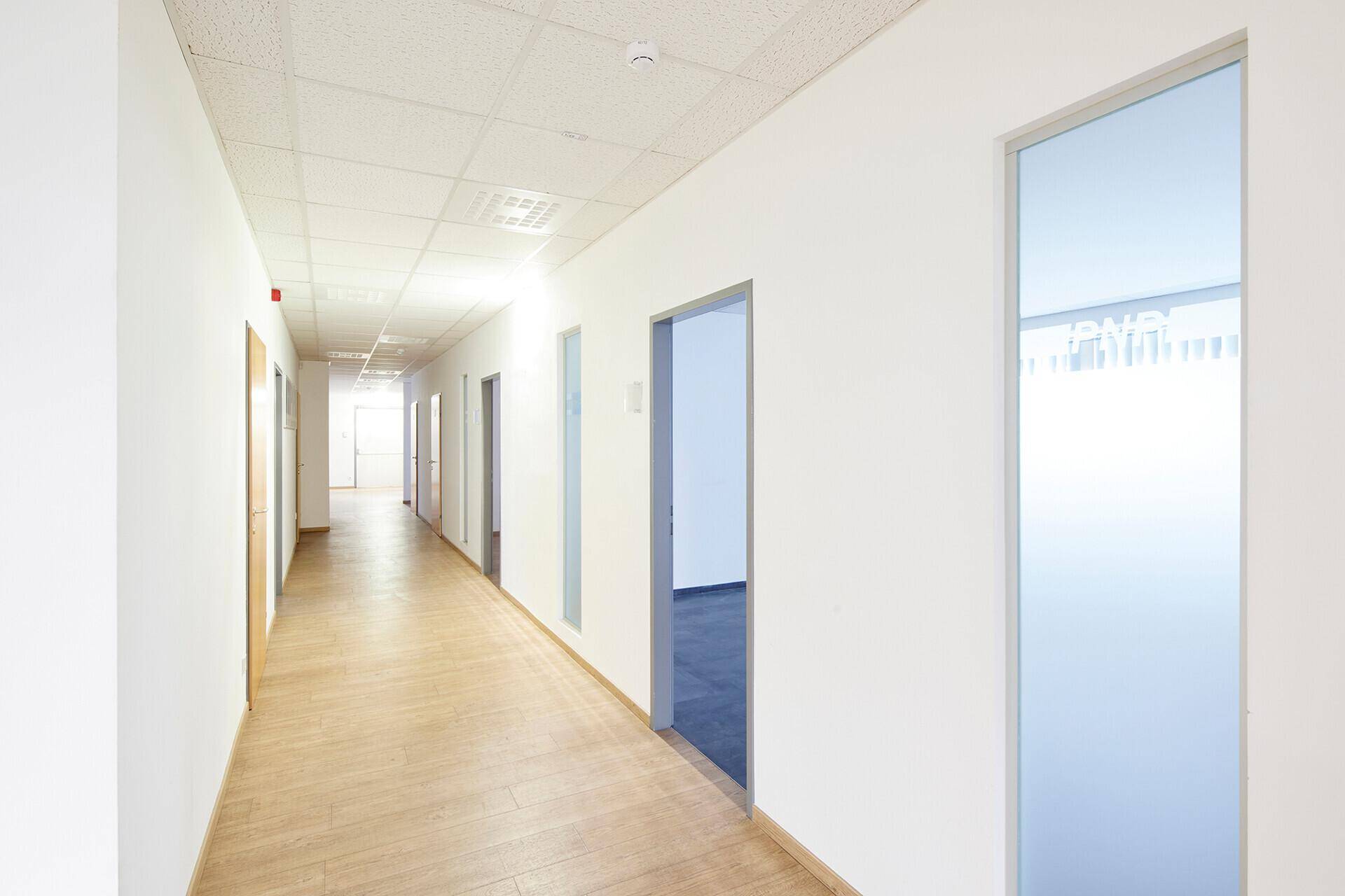 Langer, heller Flur in einem Bürogebäude mit mehreren Türen und Fenstern zu den Büros.