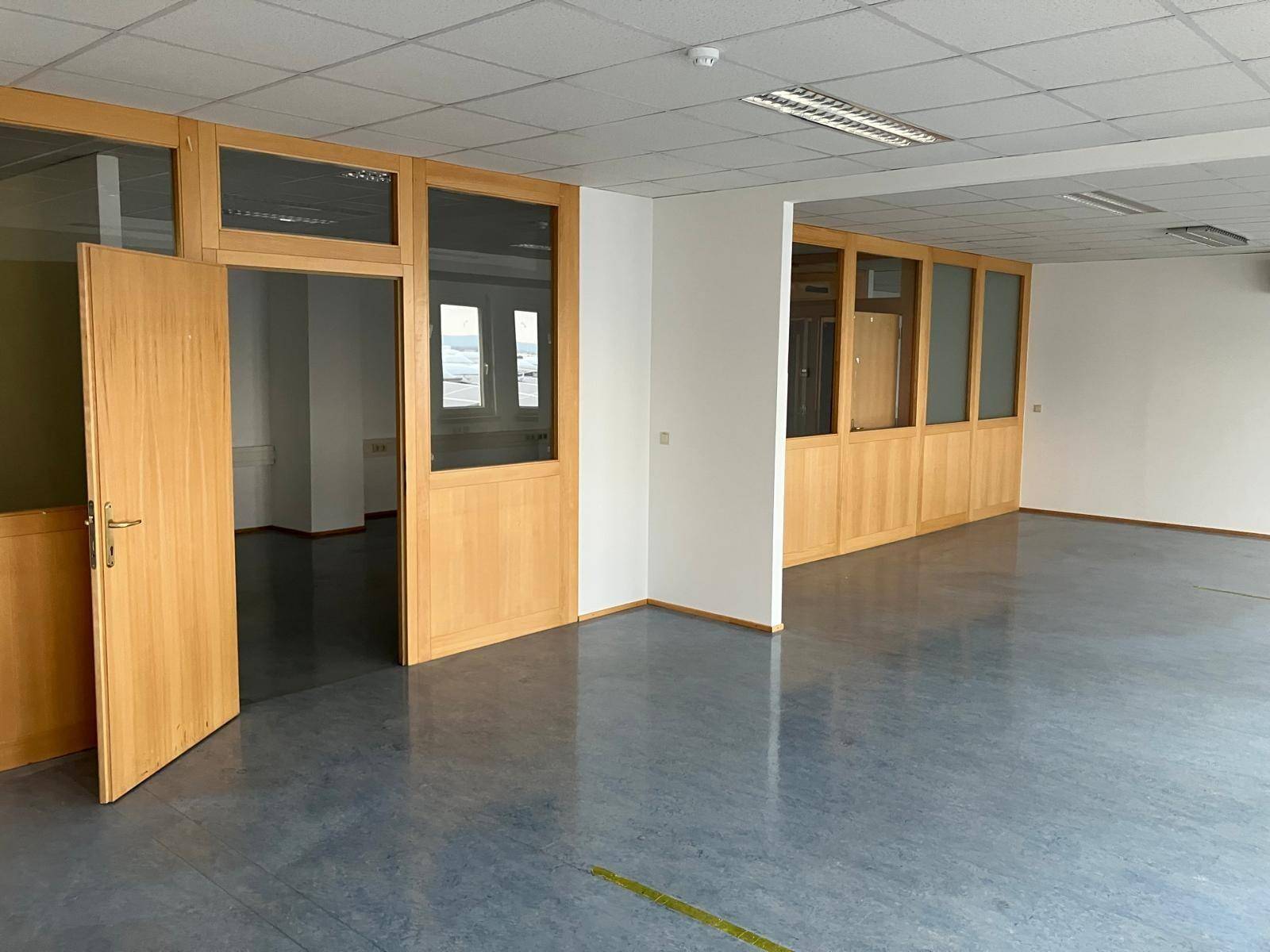 Heller Flur mit Holz-Glas-Trennwänden, die eine offene und doch strukturierte Arbeitsumgebung schaffen.