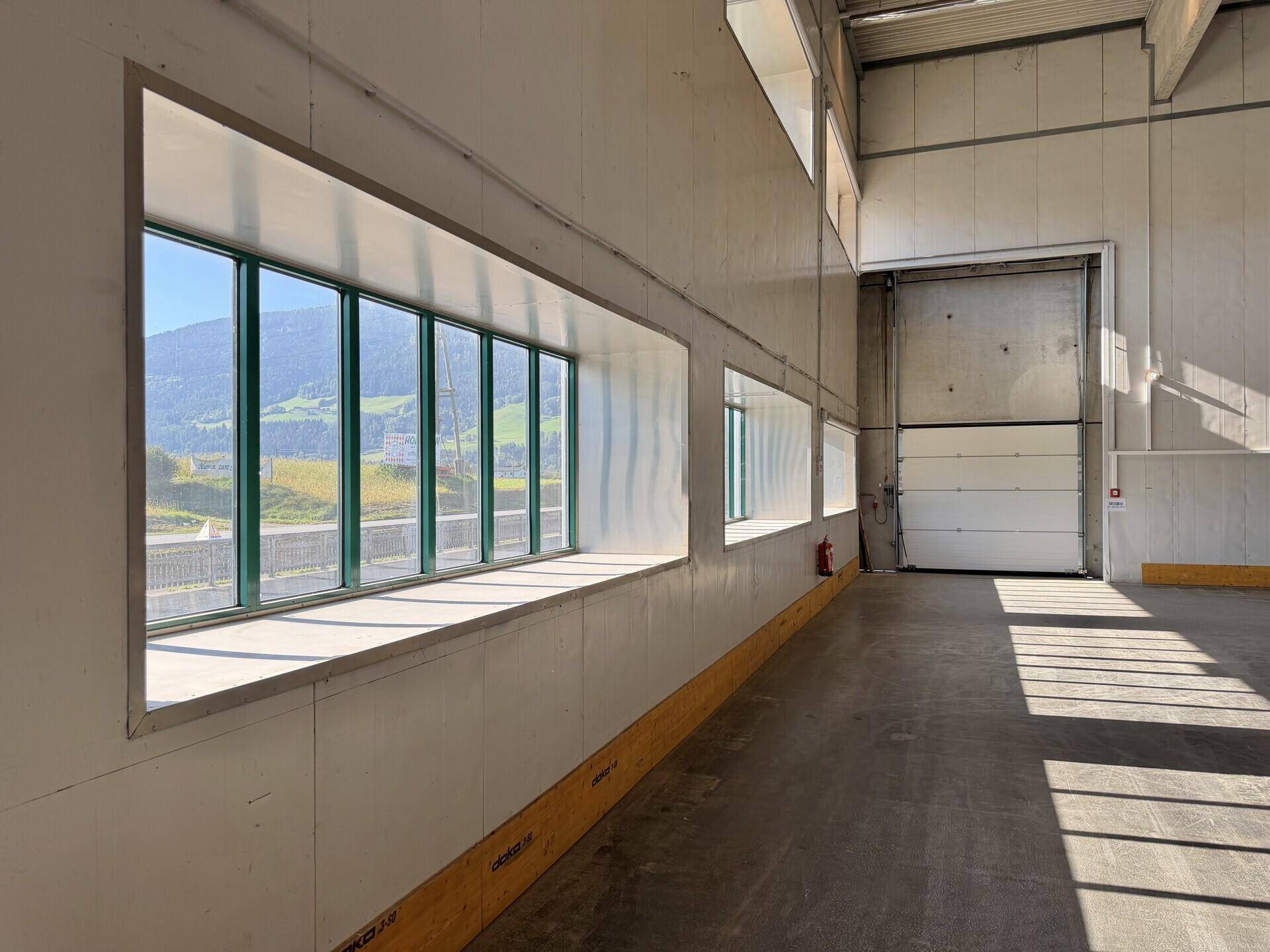 Blick aus der Lagerhalle durch die Fenster auf die grüne Landschaft und ein großes Rolltor.