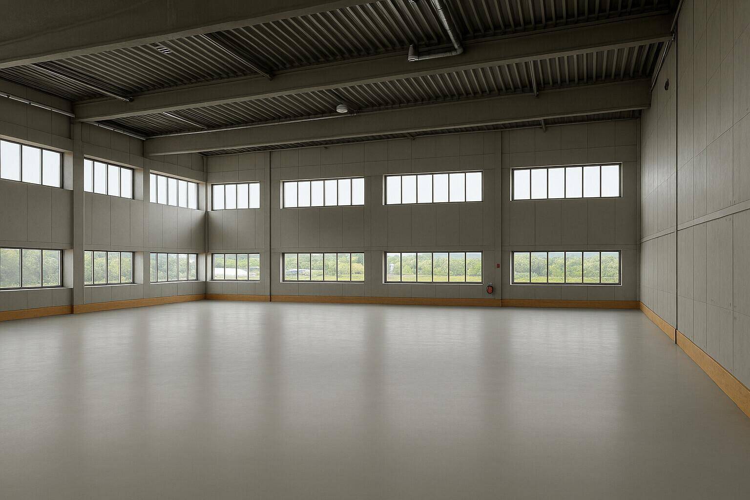 Großer, leerer Industrieraum mit hohen Decken, vielen Fenstern und weitem Blick ins Grüne.