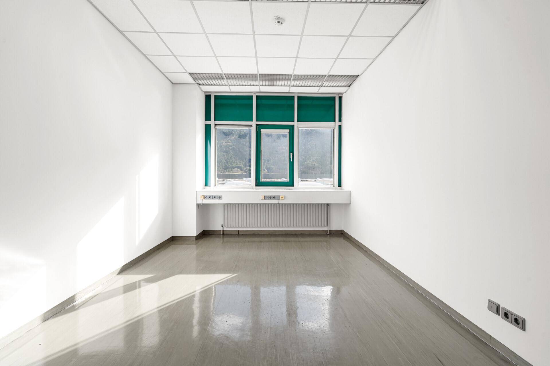 Leerer Büroraum mit großen Fenstern, die viel Tageslicht hereinlassen und einem modernen Deckenraster.