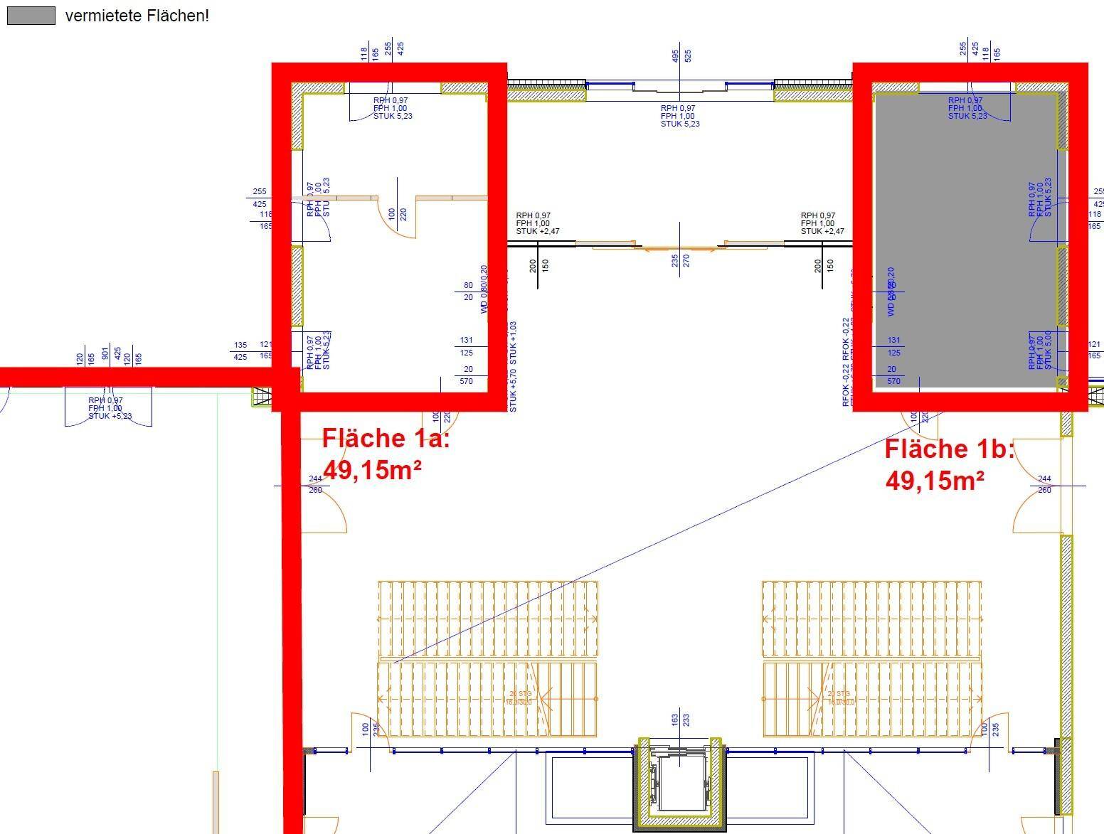 Grundrissplan zeigt zwei vermietbare Flächen von jeweils 49,15m² mit detaillierten Maßen.