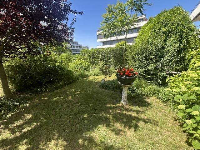 Großer, gepflegter Garten mit Rasen, Blumenkübeln und Blick auf weitere Gebäude.
