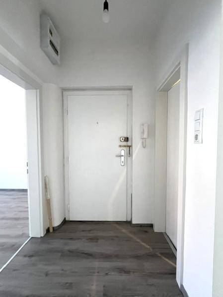Heller Eingangsbereich mit moderner Wohnungstür und dunklem Laminatboden.