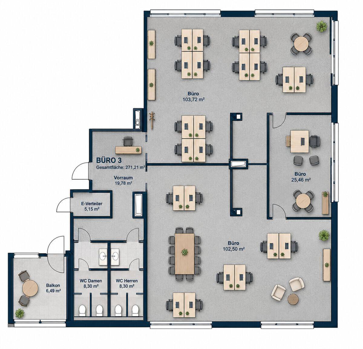 Möblierter Grundrissplan einer Büroeinheit mit Arbeitsplätzen, Besprechungsbereichen, Balkon und Sanitäranlagen.