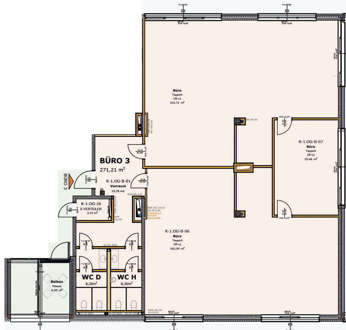 Grundrissplan einer Büroeinheit mit mehreren Räumen, einem Balkon und getrennten Toilettenbereichen.