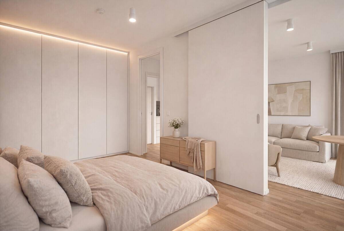 Modernes Schlafzimmer mit Holzboden, integrierten Schränken und Schiebetür zum Wohnbereich.