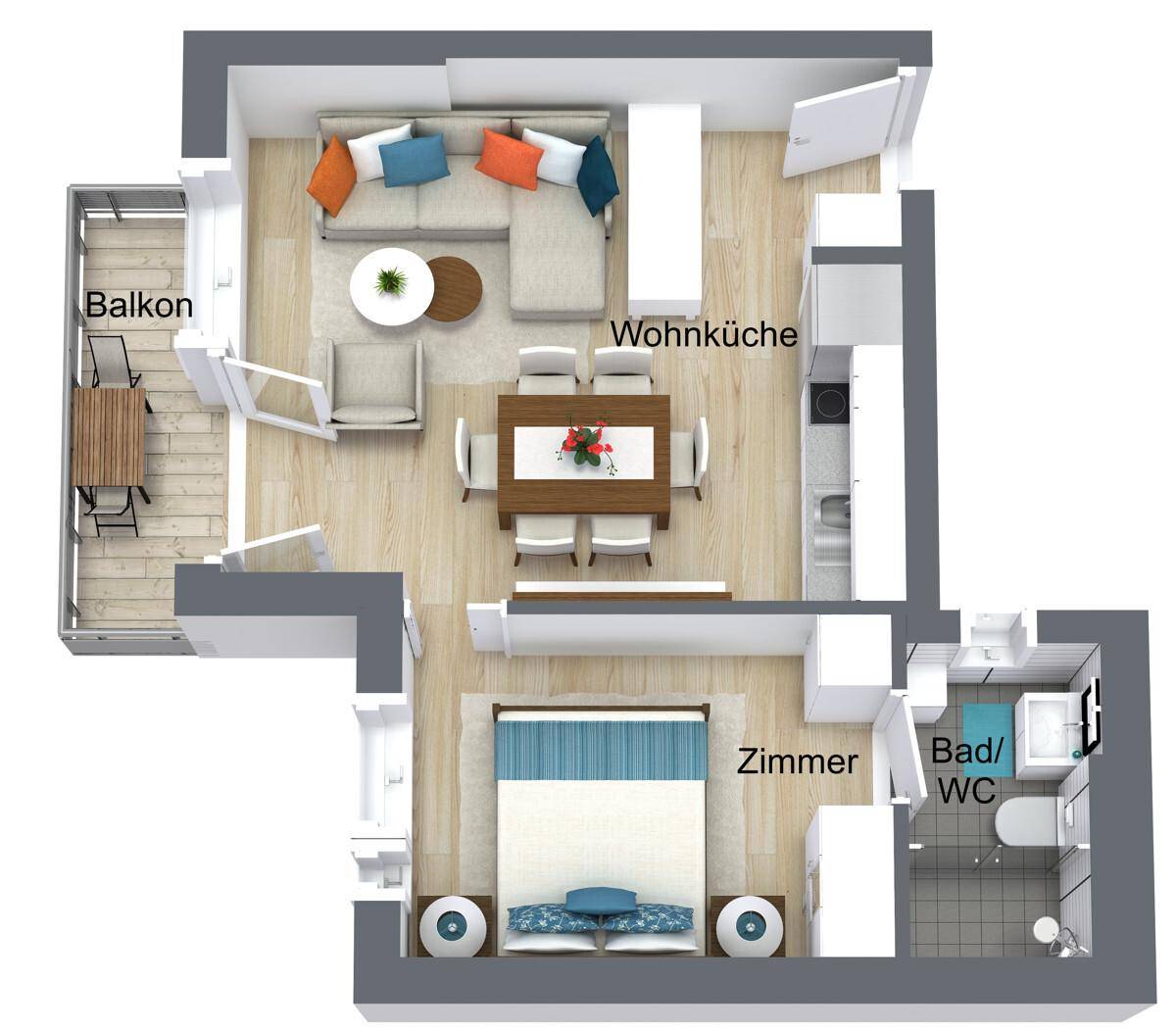 Möblierter 3D-Grundriss einer modernen Wohnung mit offener Wohnküche und Balkon.