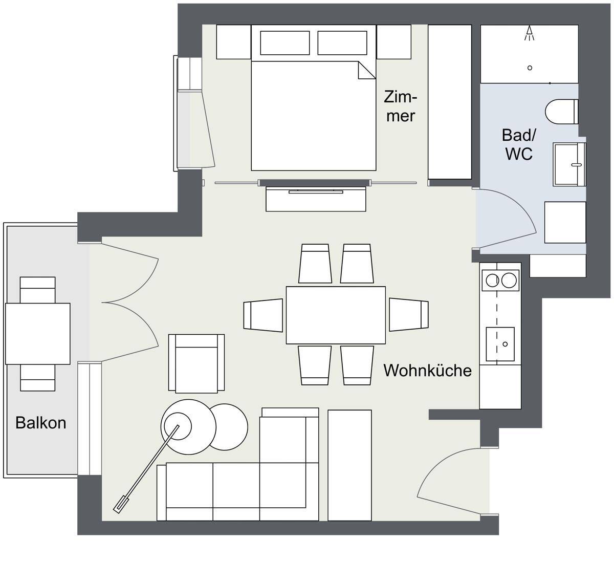 Grundriss einer Wohnung mit Schlafzimmer, offener Wohnküche, Bad und Balkon.
