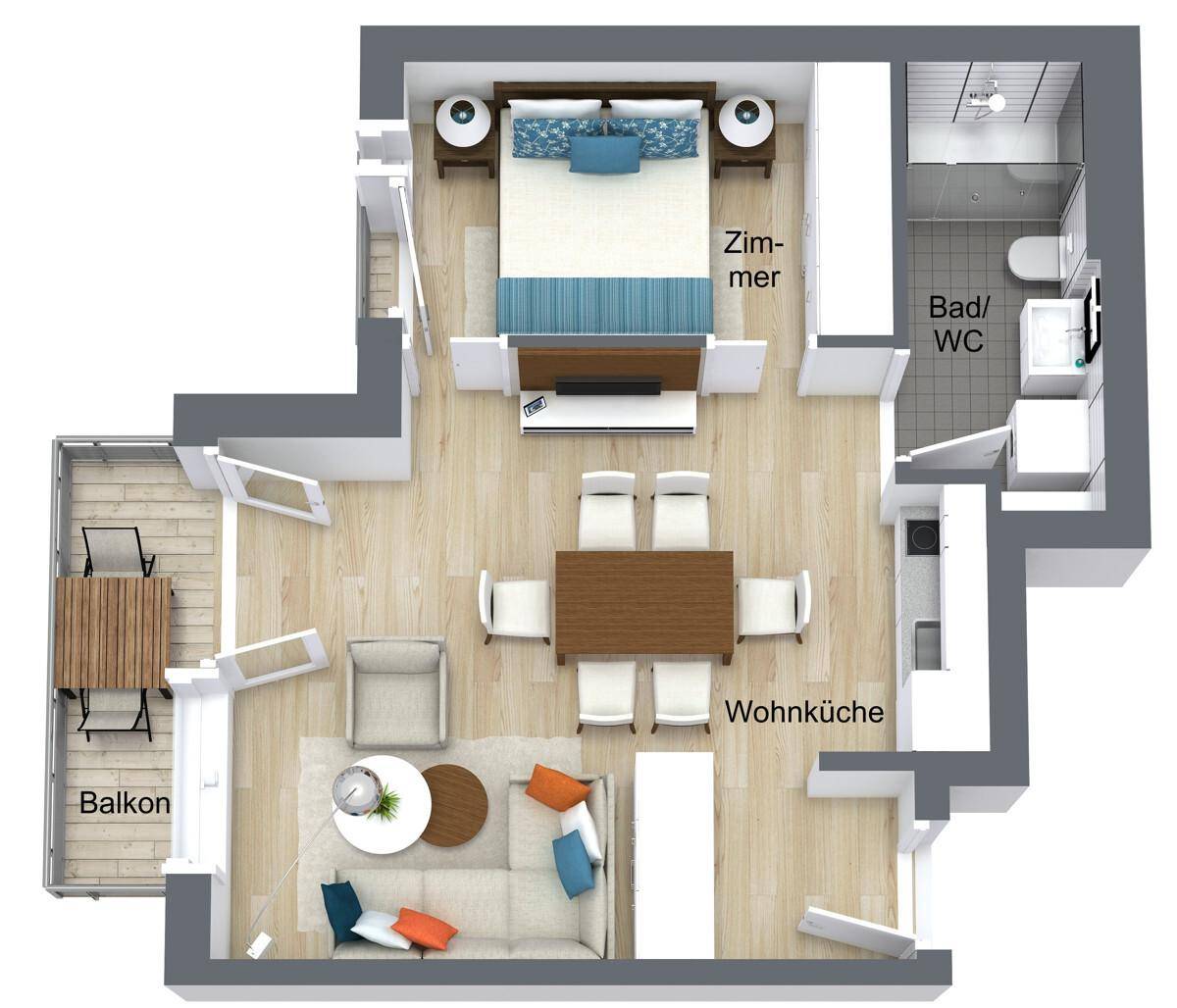 Möblierter 3D-Grundriss einer modernen Wohnung mit Schlafzimmer und Balkonzugang.
