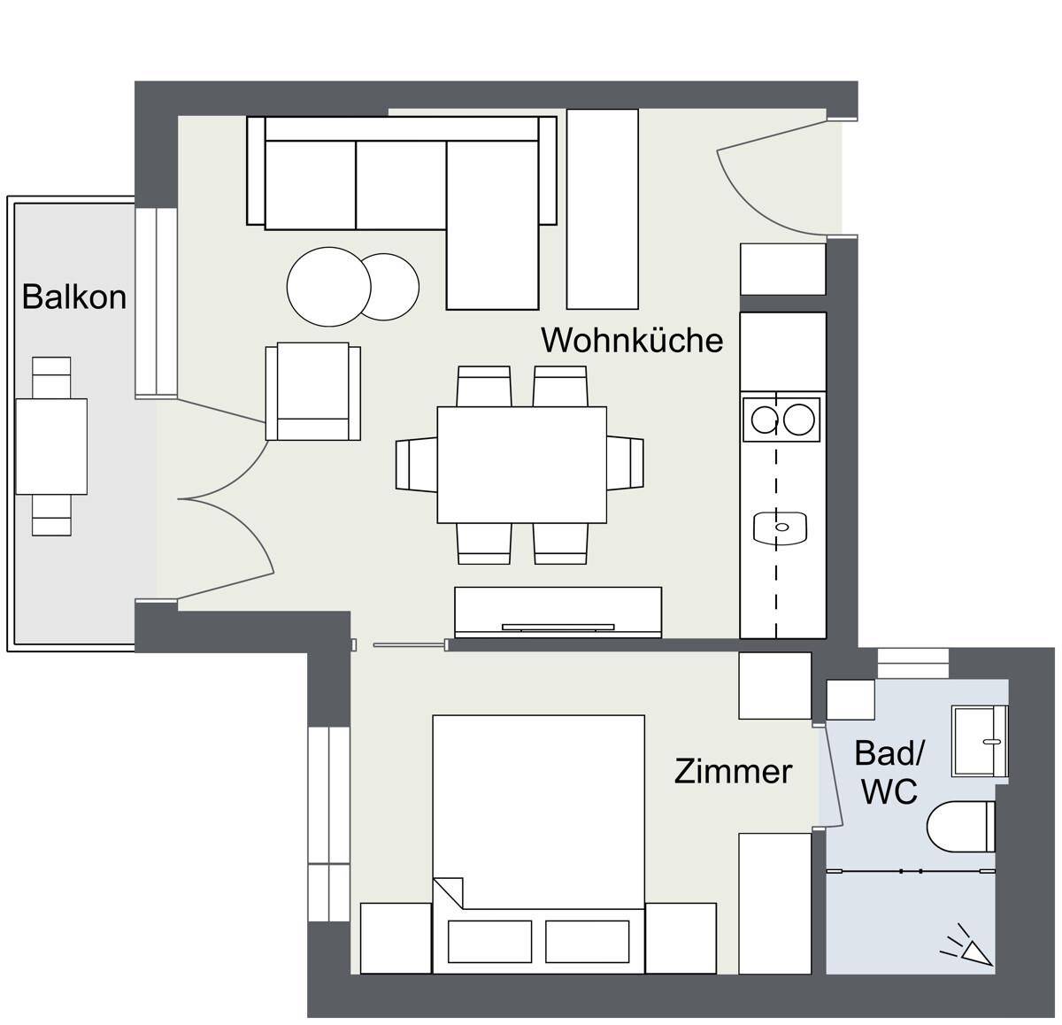 Grundriss einer Wohnung mit offener Wohnküche, Schlafzimmer, Bad und Balkon.