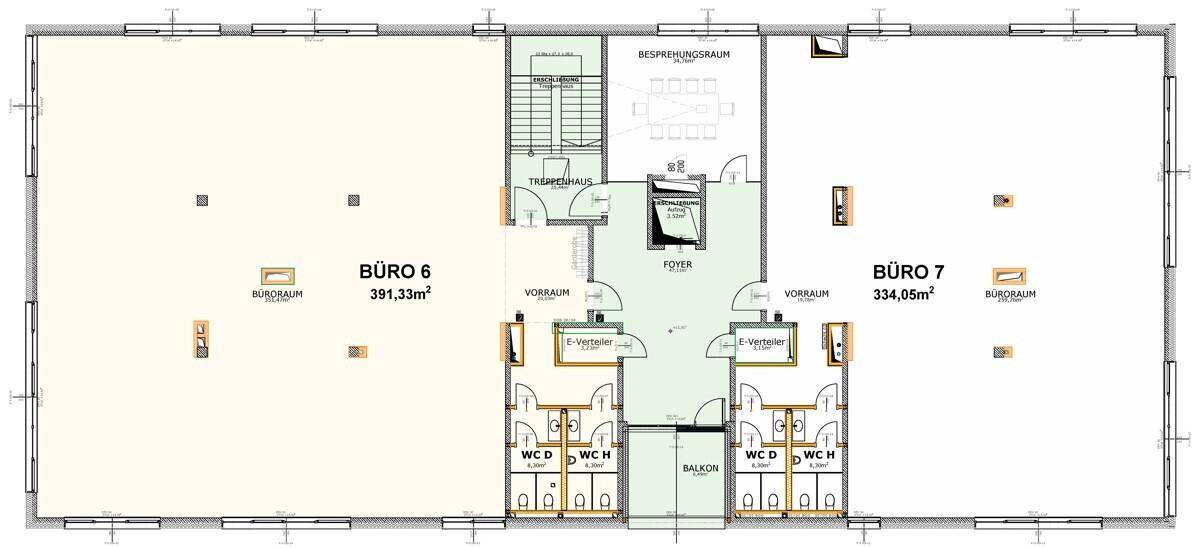 Detaillierter Grundriss eines Bürogeschosses mit großen Büros, Foyer, Besprechungsraum und mehreren Toilettenbereichen.