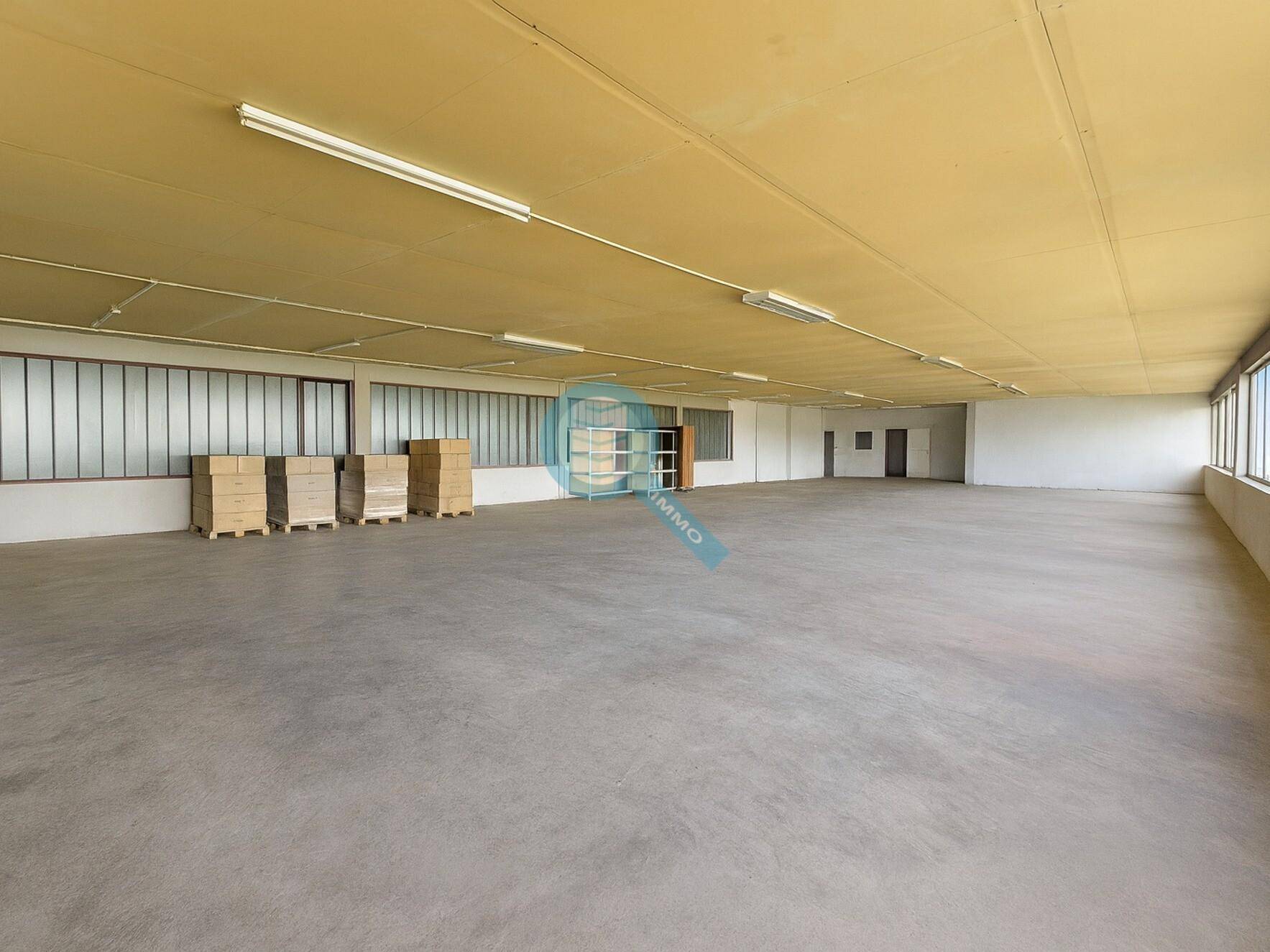Weitläufiger Lagerraum mit hohen Decken, Betonboden und langen Fensterreihen, bereit zur Nutzung.