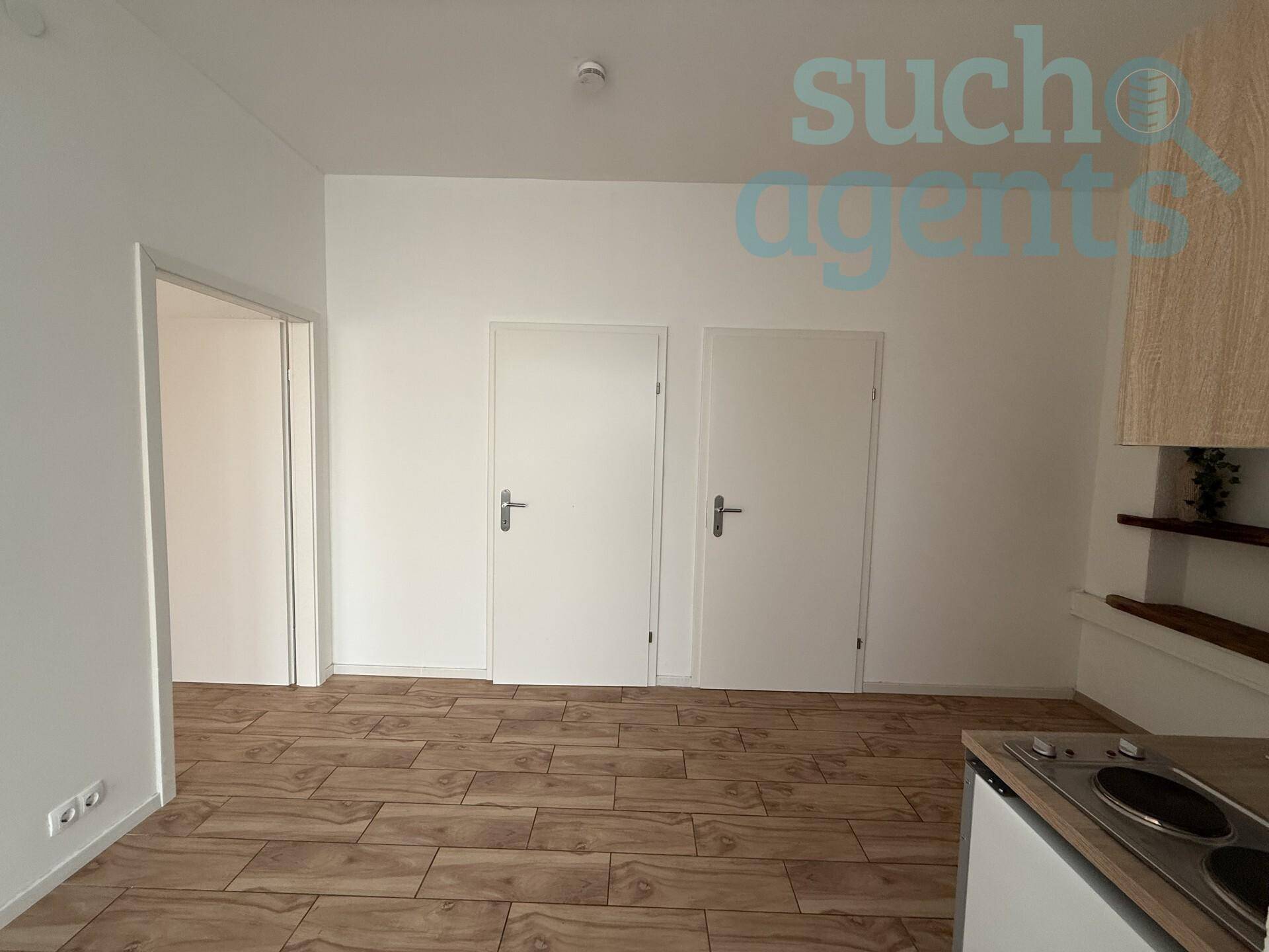Heller Wohnbereich mit Holzbodenoptik, weißen Wänden und integrierter Küchenzeile.