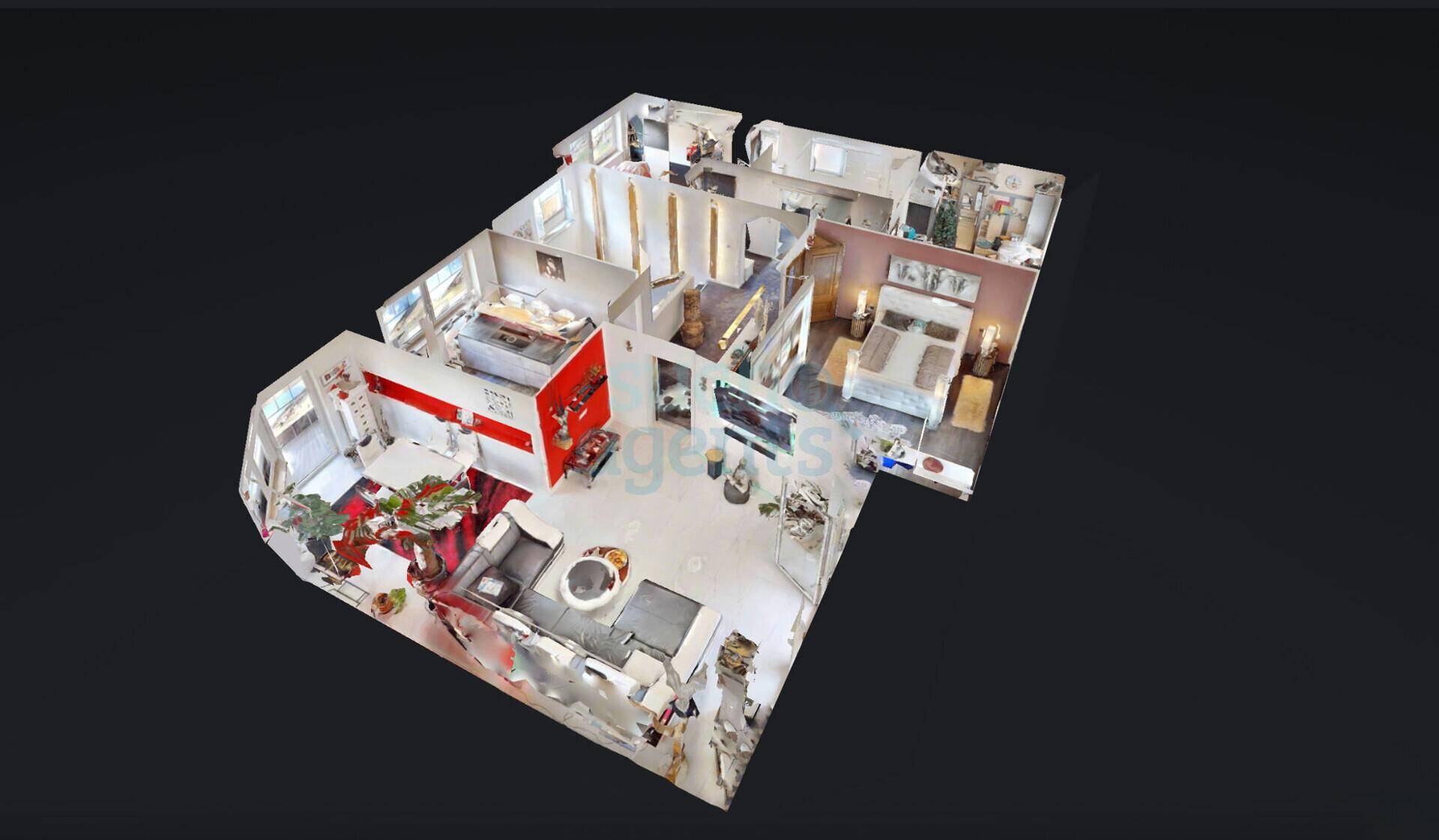 3D-Grundriss der Wohnung mit offener Raumaufteilung und mehreren Schlafzimmern.