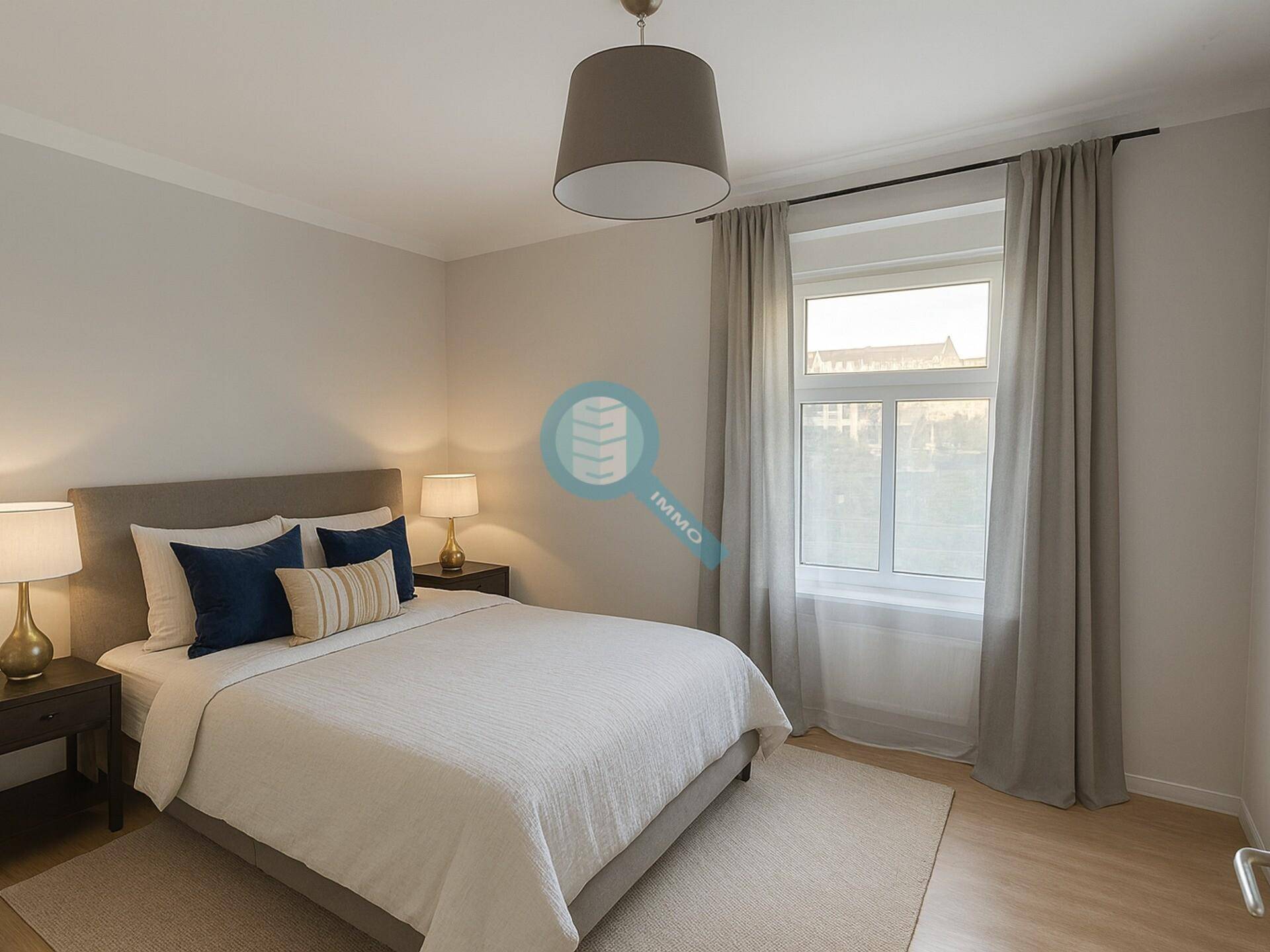 Gemütliches Schlafzimmer mit Doppelbett, Nachttischen und einem großen Fenster.