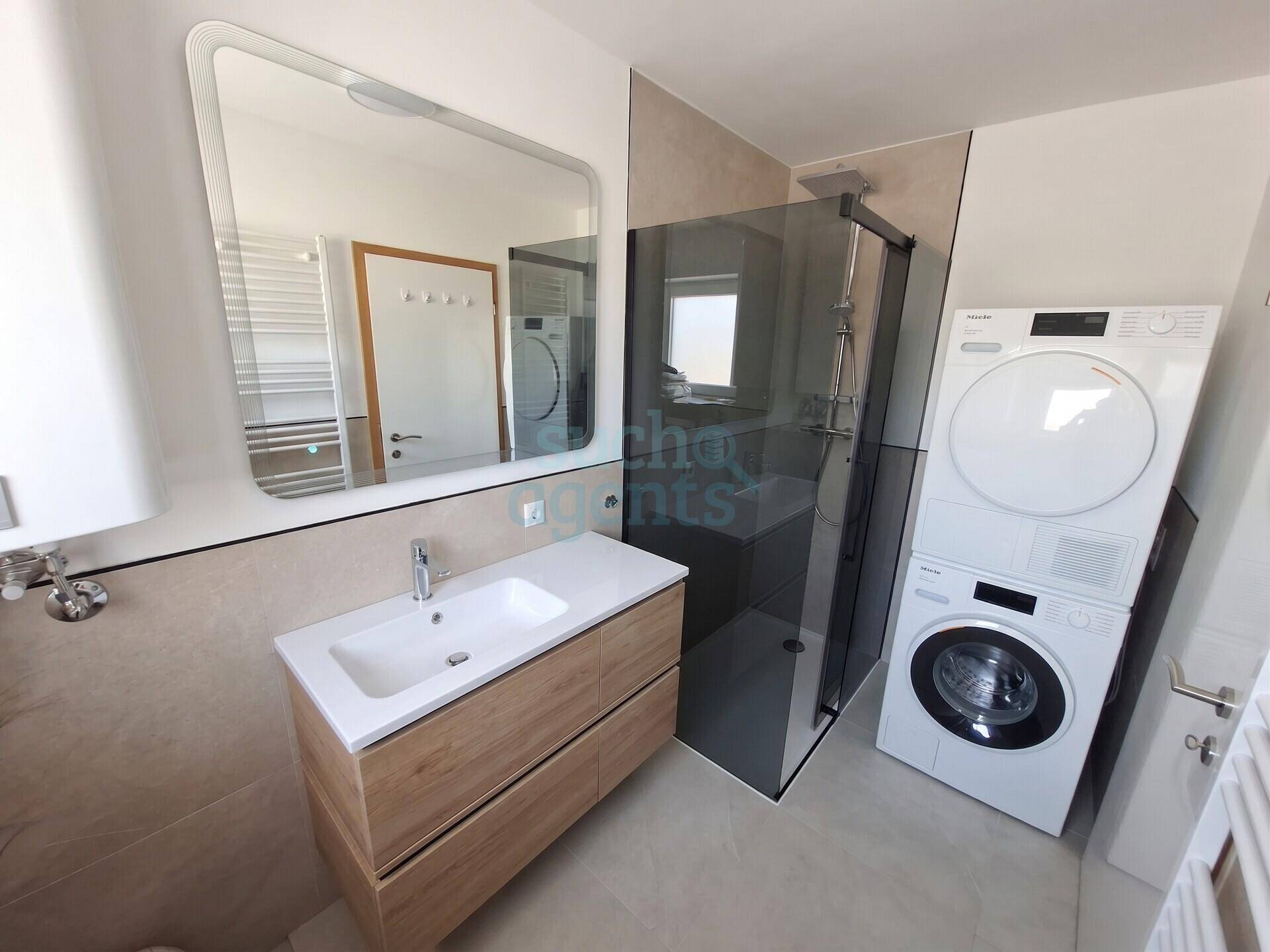 Modernes Badezimmer mit begehbarer Dusche, Waschbeckenunterschrank und integrierter Waschmaschine und Trockner.