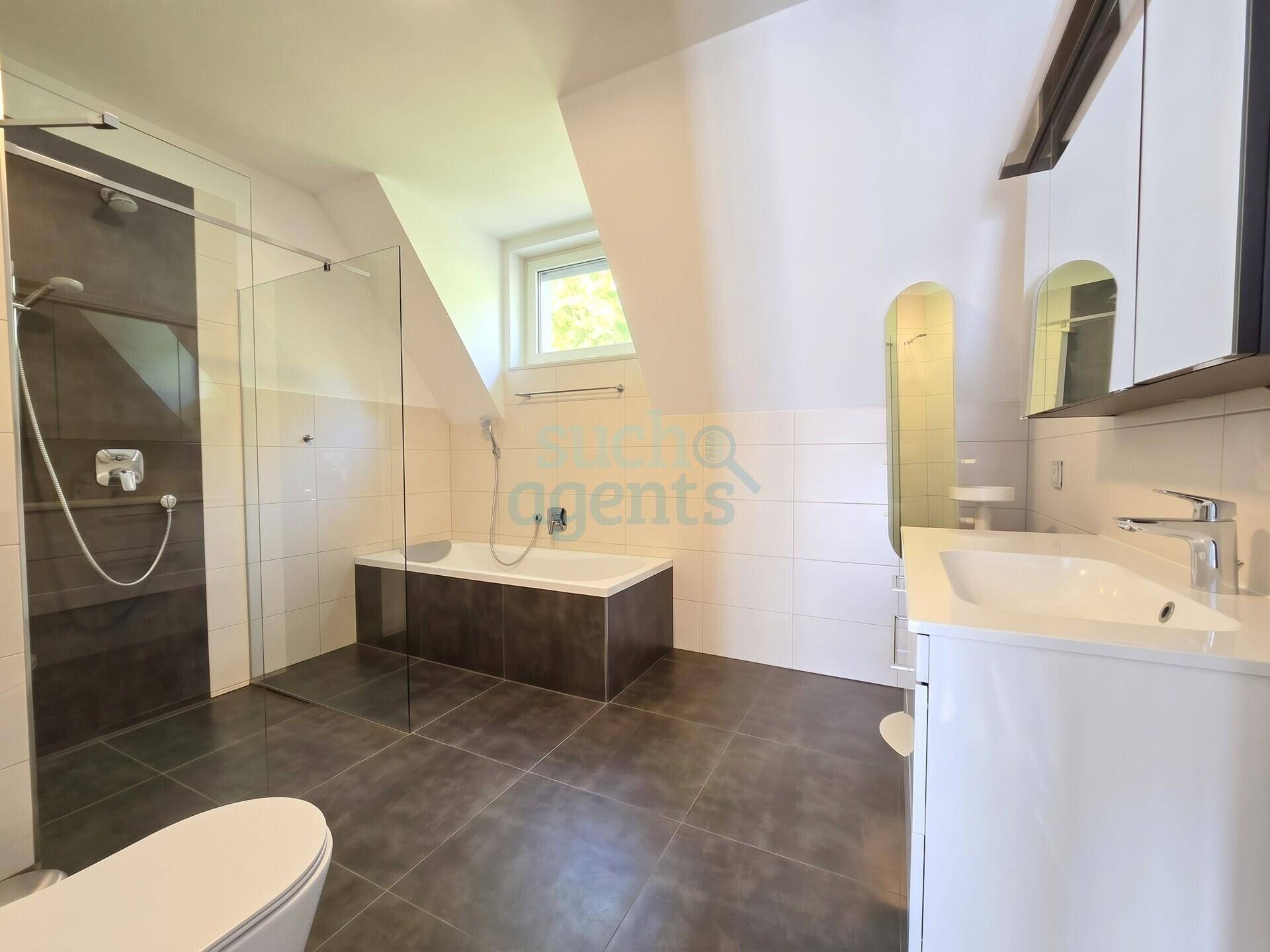 Modernes Badezimmer mit großer begehbarer Dusche, Badewanne und Dachfenster für natürliches Licht.