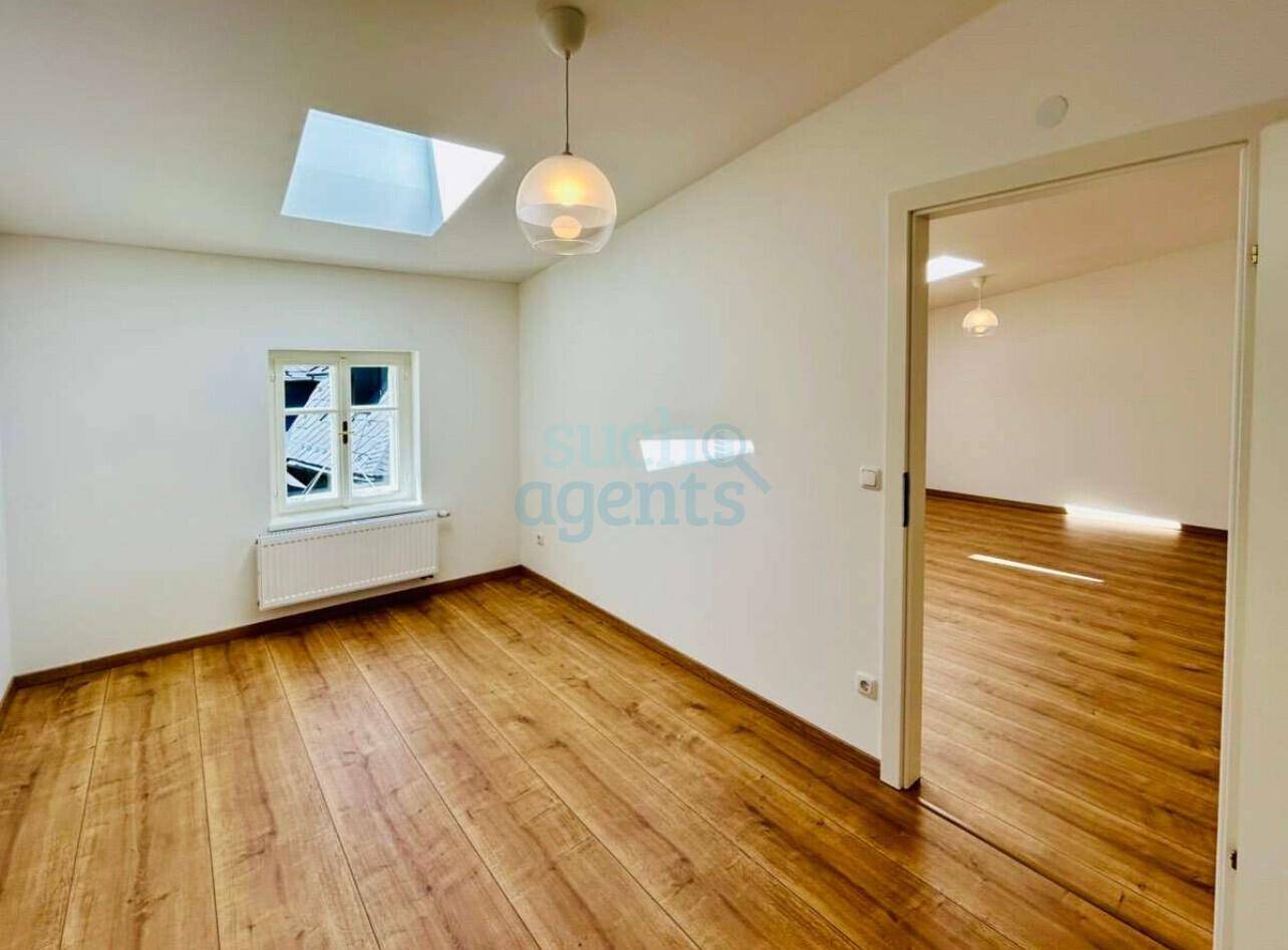 Lichtdurchfluteter Raum mit Holzboden, Dachfenster und einem Durchgang zu einem weiteren Zimmer.