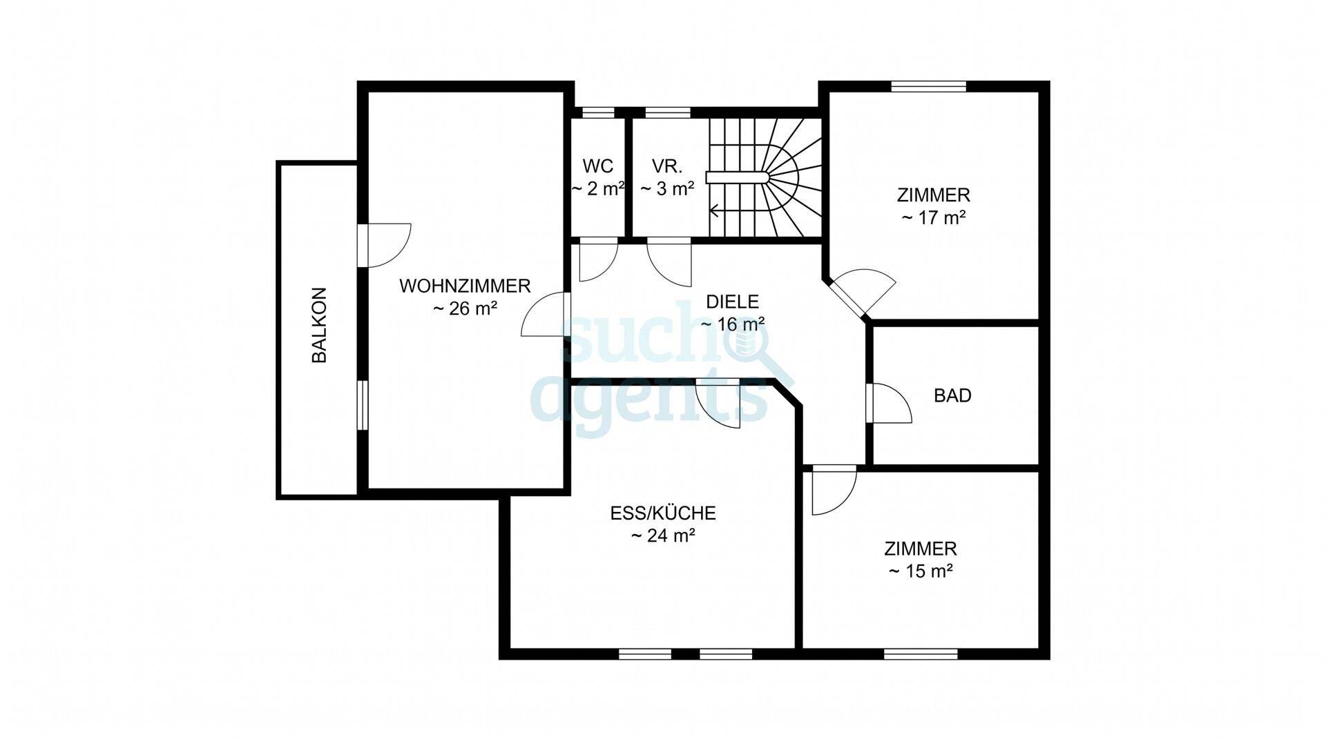 Grundriss des Obergeschosses mit Wohnzimmer, Essküche, Schlafzimmern und Balkon.