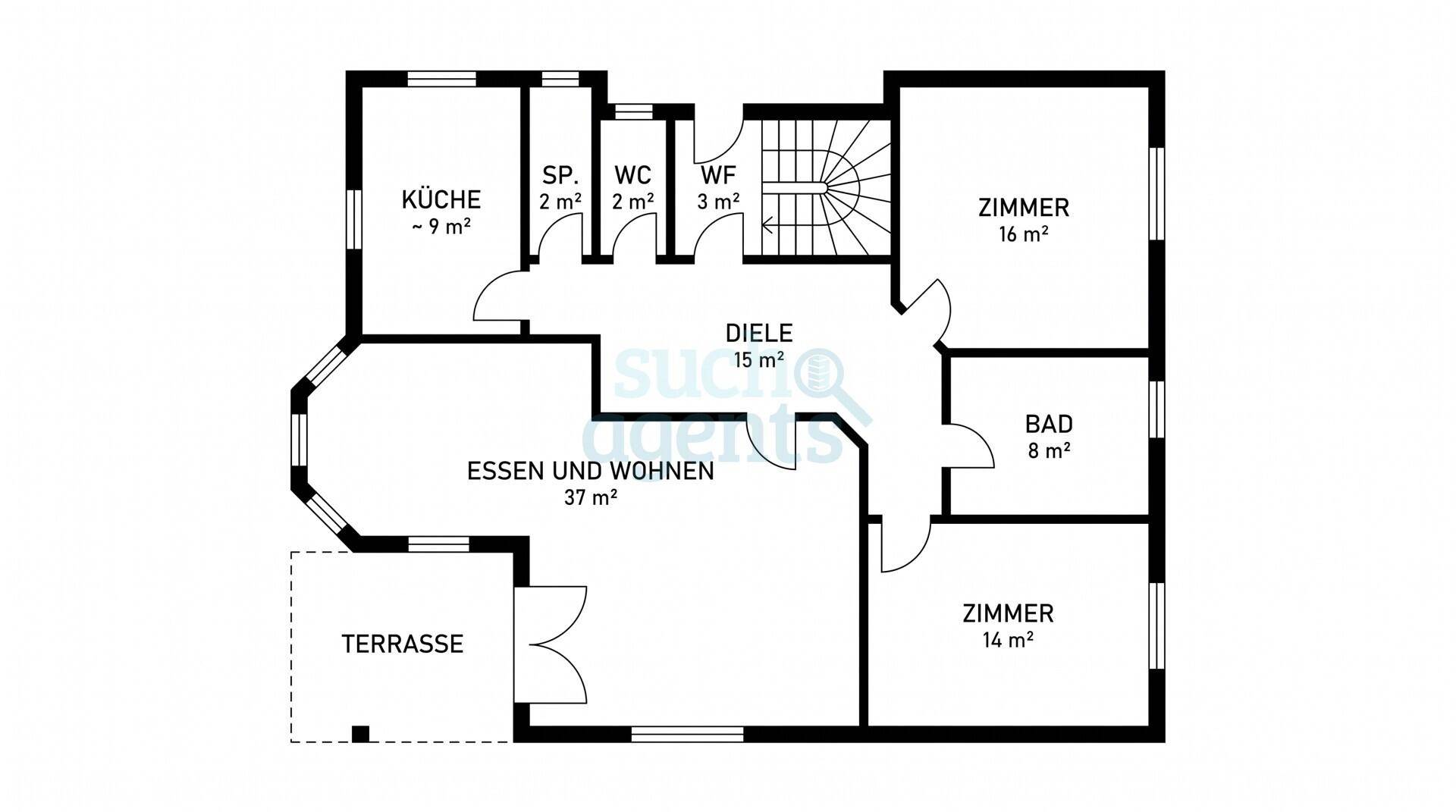 Grundriss des Erdgeschosses mit offener Wohnküche, Essbereich, Zimmern und Terrasse.