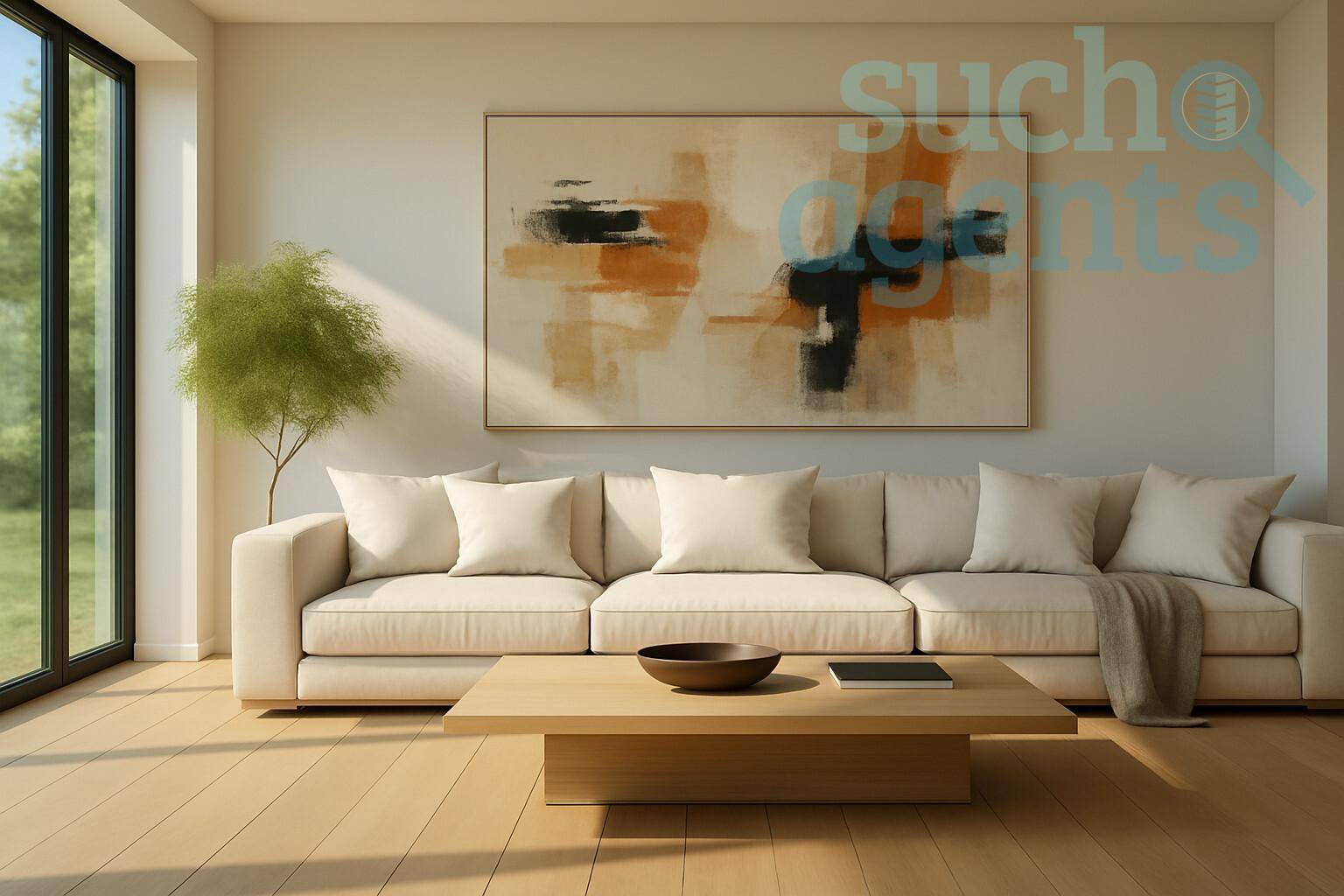 Helles Wohnzimmer mit beigem Sofa, Holzboden und großen Fenstern, die viel Tageslicht hereinlassen.