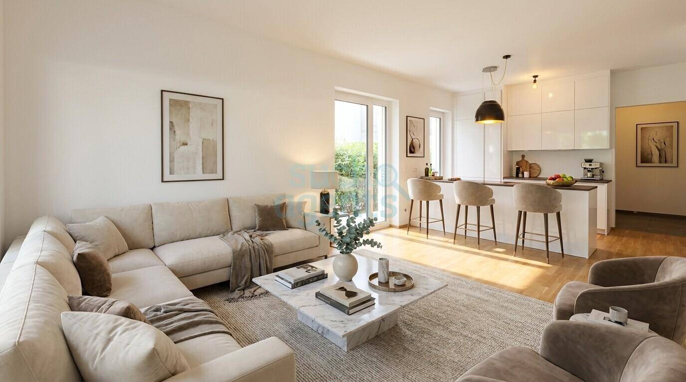 Heller, offener Wohnbereich mit moderner Küche, bequemer Couch und Essbereich.