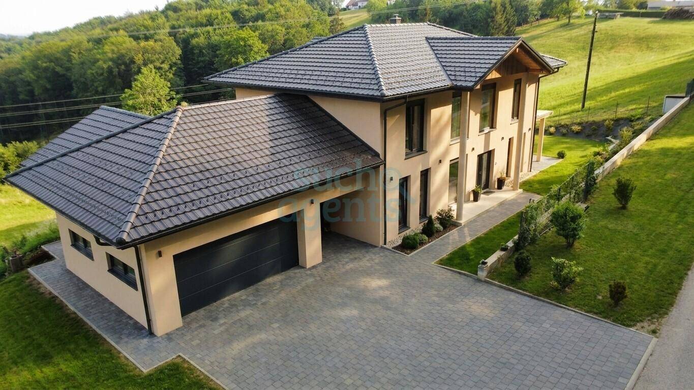 Neubau-Villa mit Doppelgarage, gepflasterter Auffahrt und moderner Architektur.