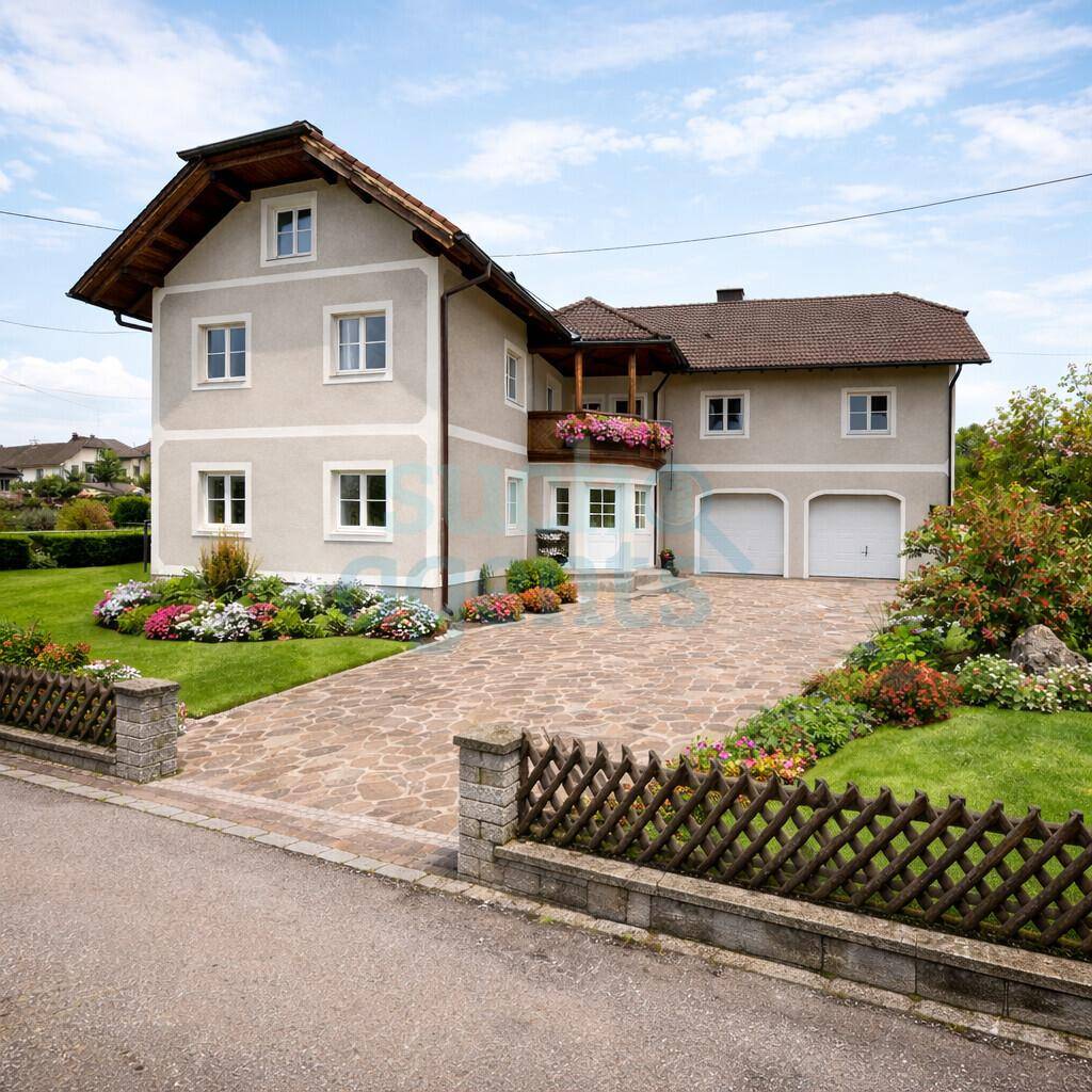 Traditionelles Einfamilienhaus mit gepflegtem Garten, großer Auffahrt und Doppelgarage.