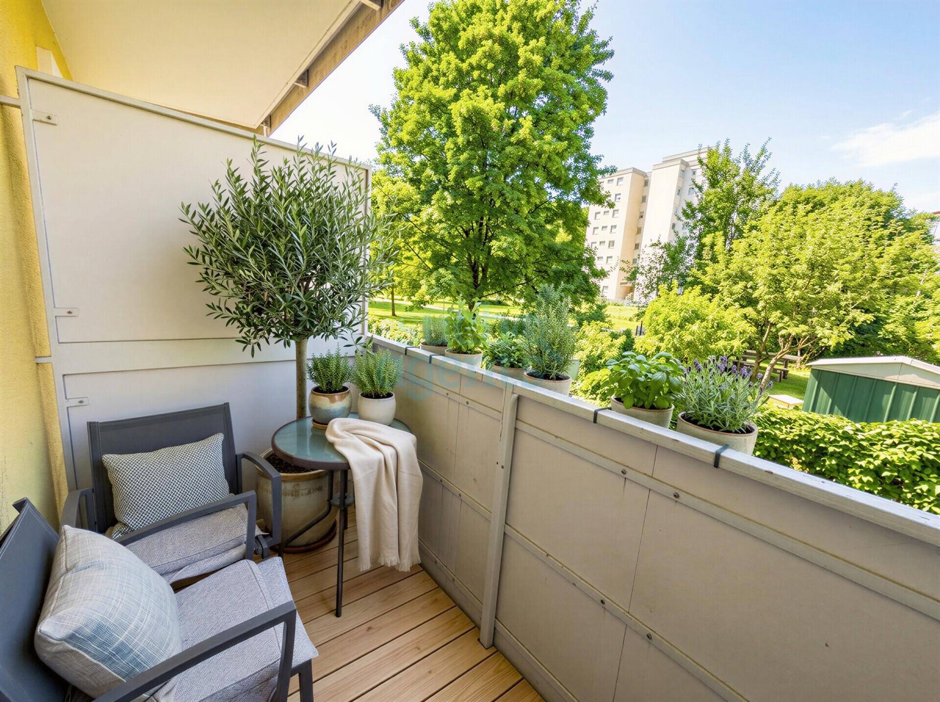 Gemütlicher Balkon mit Holzboden, Sitzgelegenheiten und Topfpflanzen mit Blick ins Grüne.