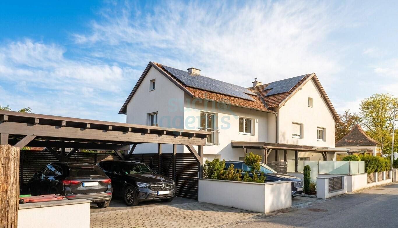 Modernes Einfamilienhaus mit Satteldach, Photovoltaikanlage und Carport für zwei Fahrzeuge.