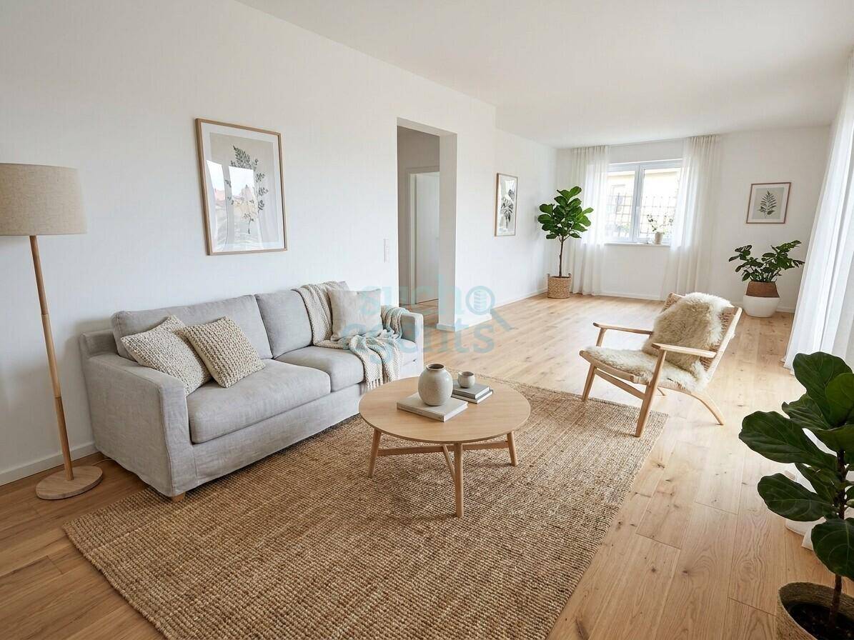 Helles Wohnzimmer mit modernem Sofa, Holztisch und Pflanzen, ausgestattet mit Holzboden.
