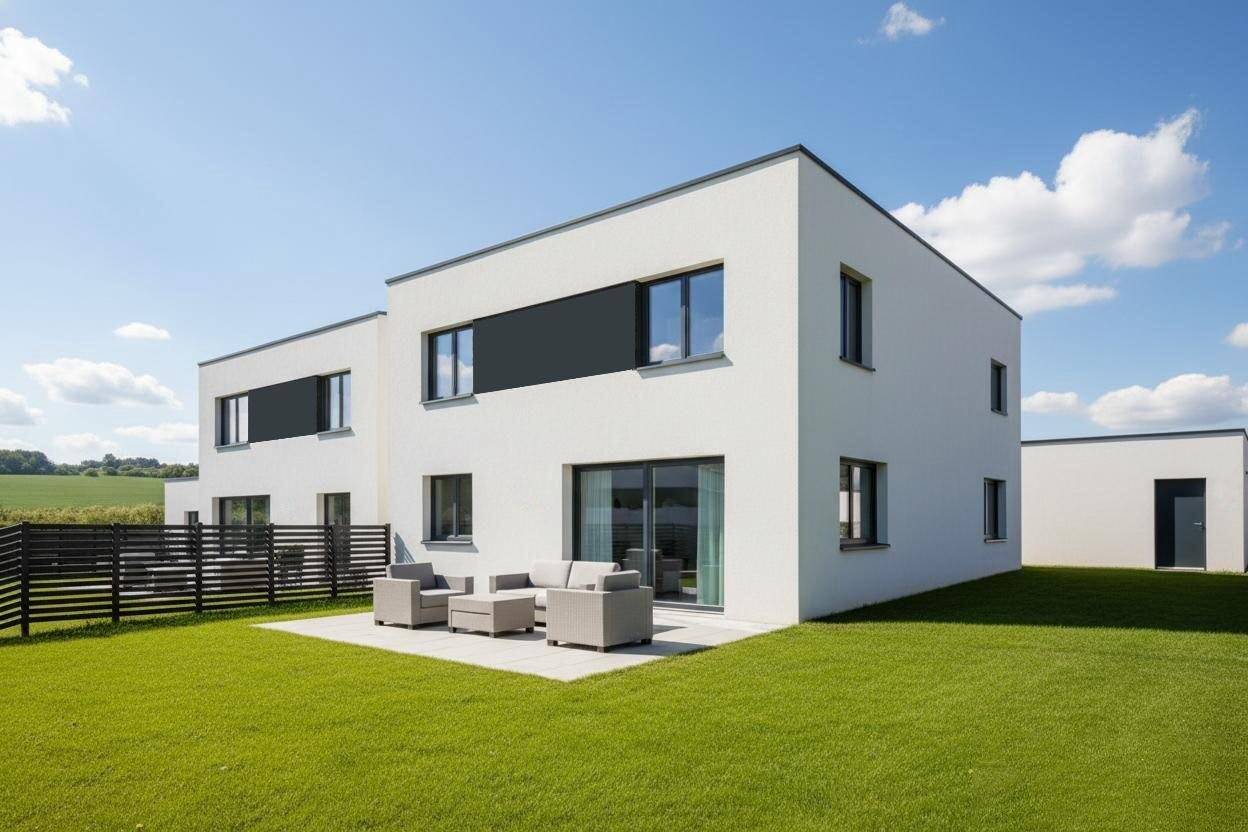 Modernes Einfamilienhaus mit weißer Fassade, flachem Dach und einer möblierten Terrasse im grünen Garten.