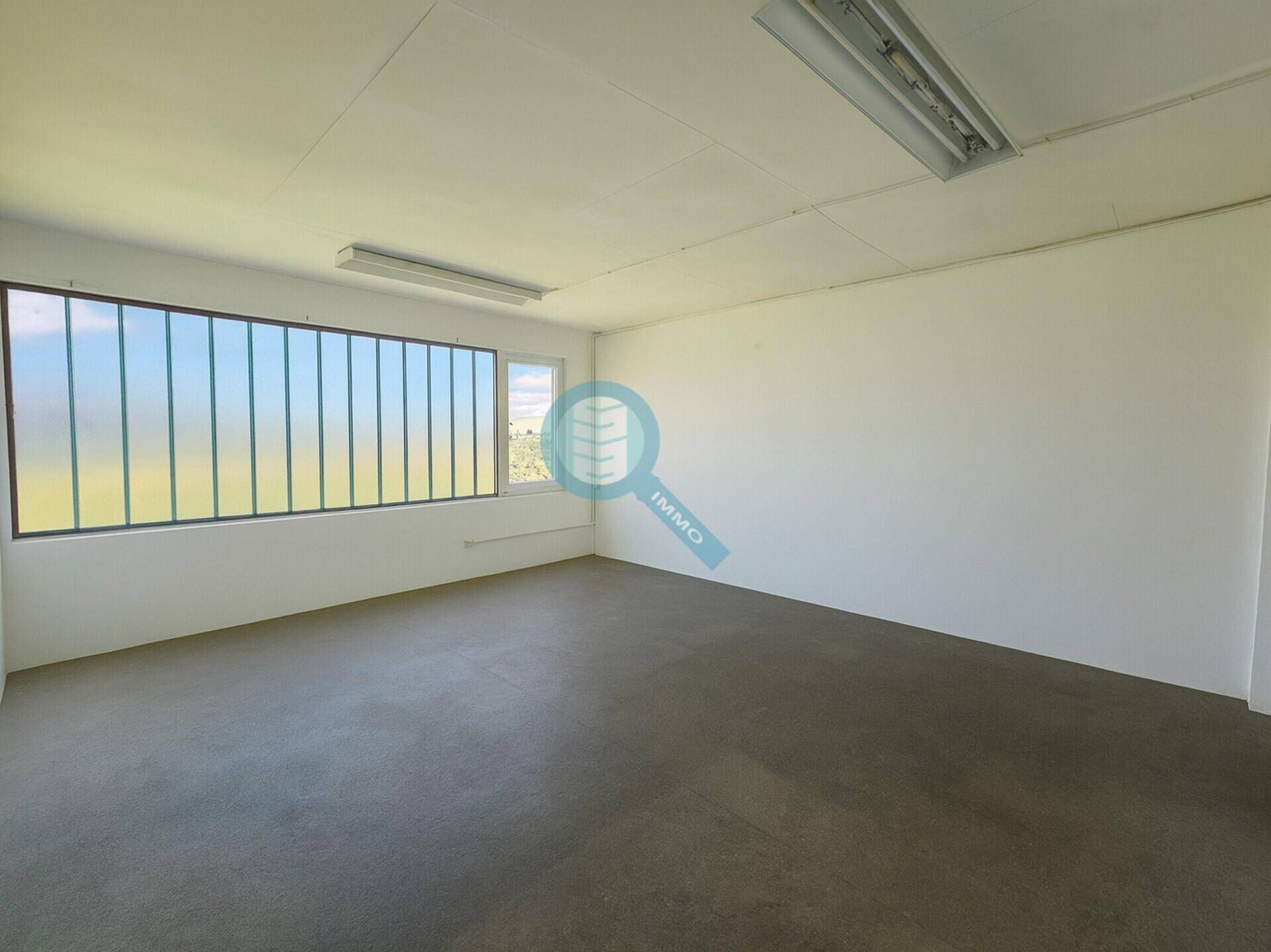 Heller, leerer Raum mit großen Fenstern und Betonboden, geeignet für Büro oder Lager.