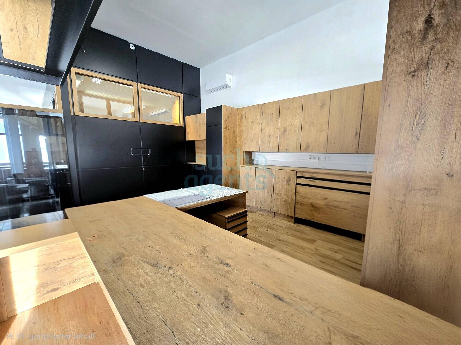 Moderne Küchenzeile mit Holzfronten und Arbeitsplatte, integriert in einen funktionalen Raum.