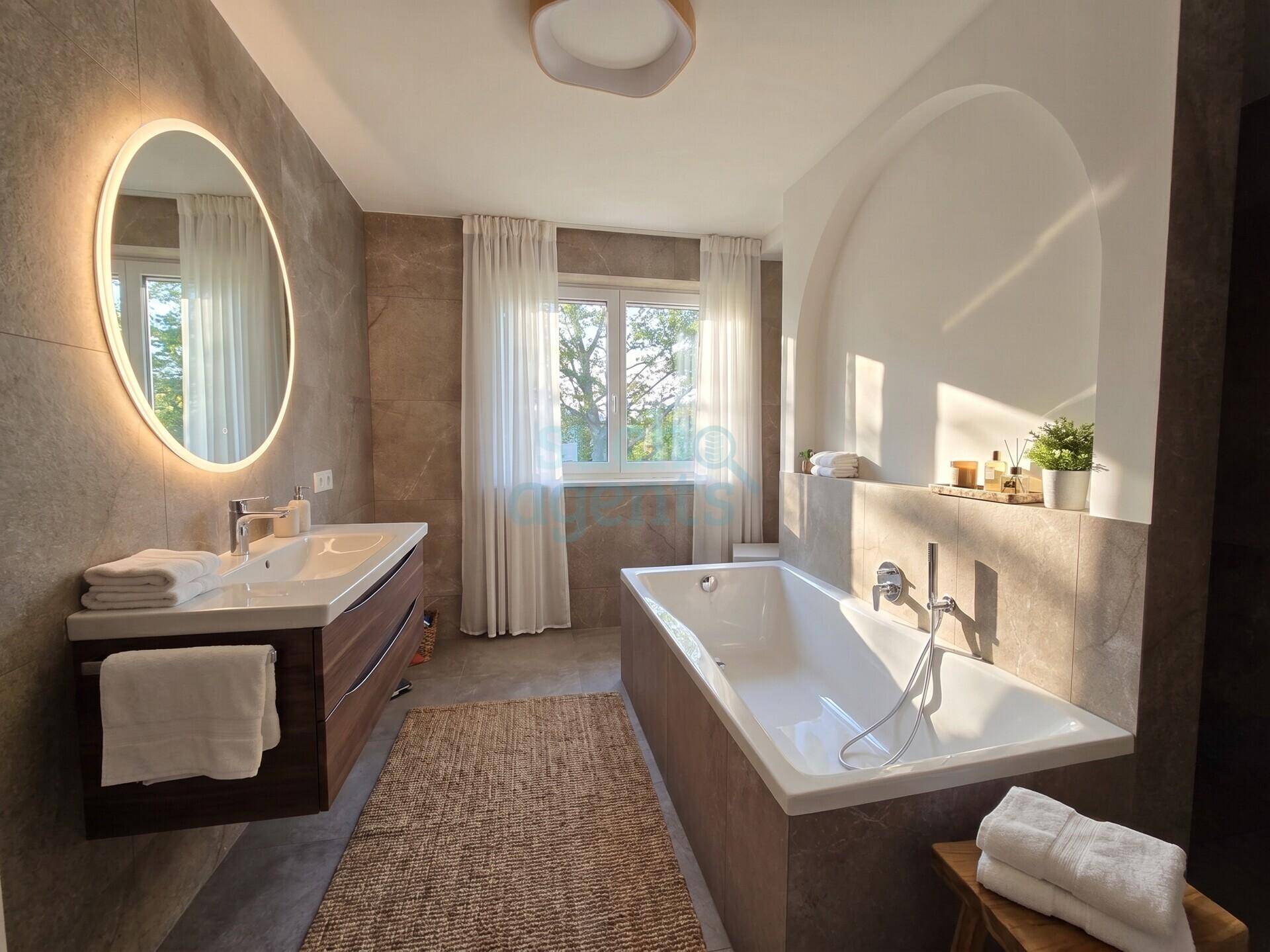 Elegantes Badezimmer mit Badewanne, Doppelwaschbecken und einem großen, beleuchteten Spiegel.