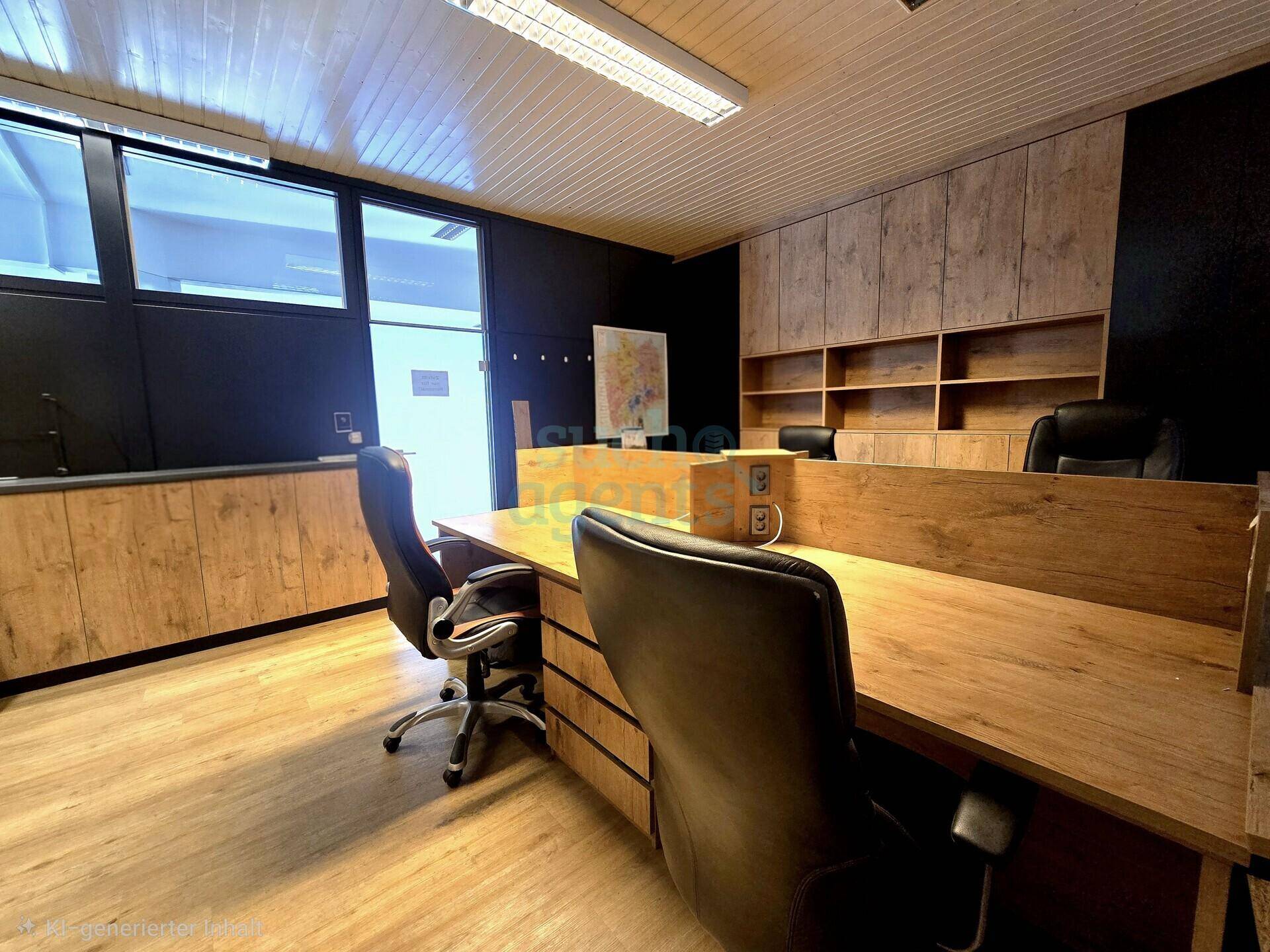 Funktionaler Bürobereich mit Holzschreibtischen, ergonomischen Stühlen und Stauraum.