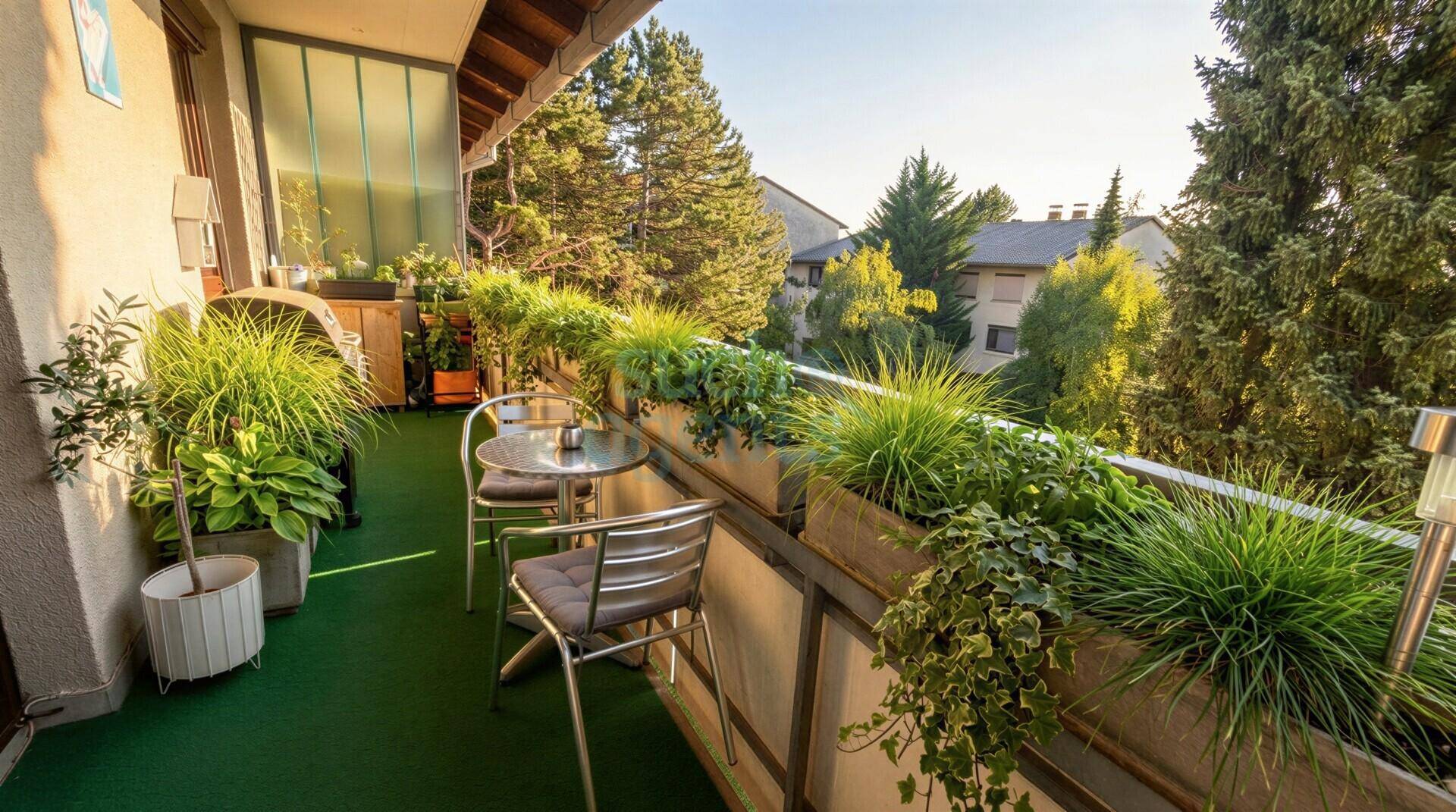 Sonniger Balkon mit Pflanzen, Sitzgelegenheiten und Blick ins Grüne.