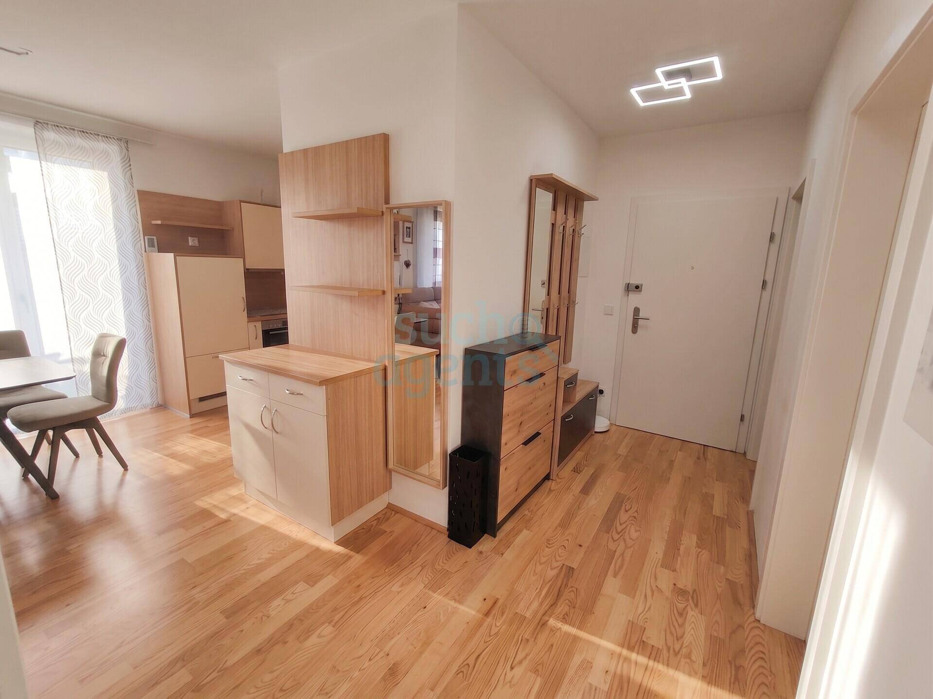 Heller Eingangsbereich mit Garderobe, Spiegel und Holzboden, der in den Wohnbereich führt.