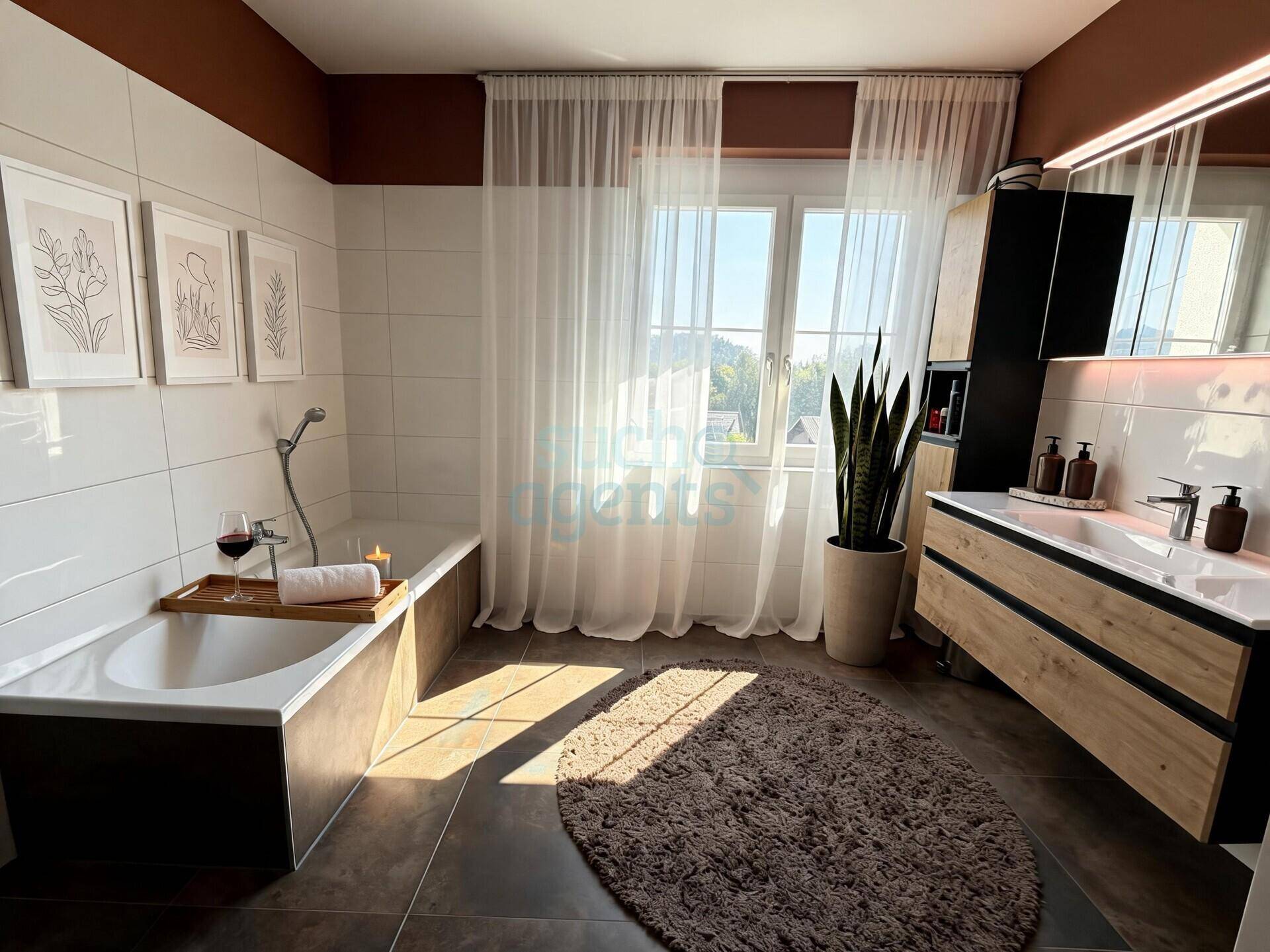 Modernes Badezimmer mit Badewanne, Holzwaschtisch, großem Spiegel und Fenster für natürliches Licht.