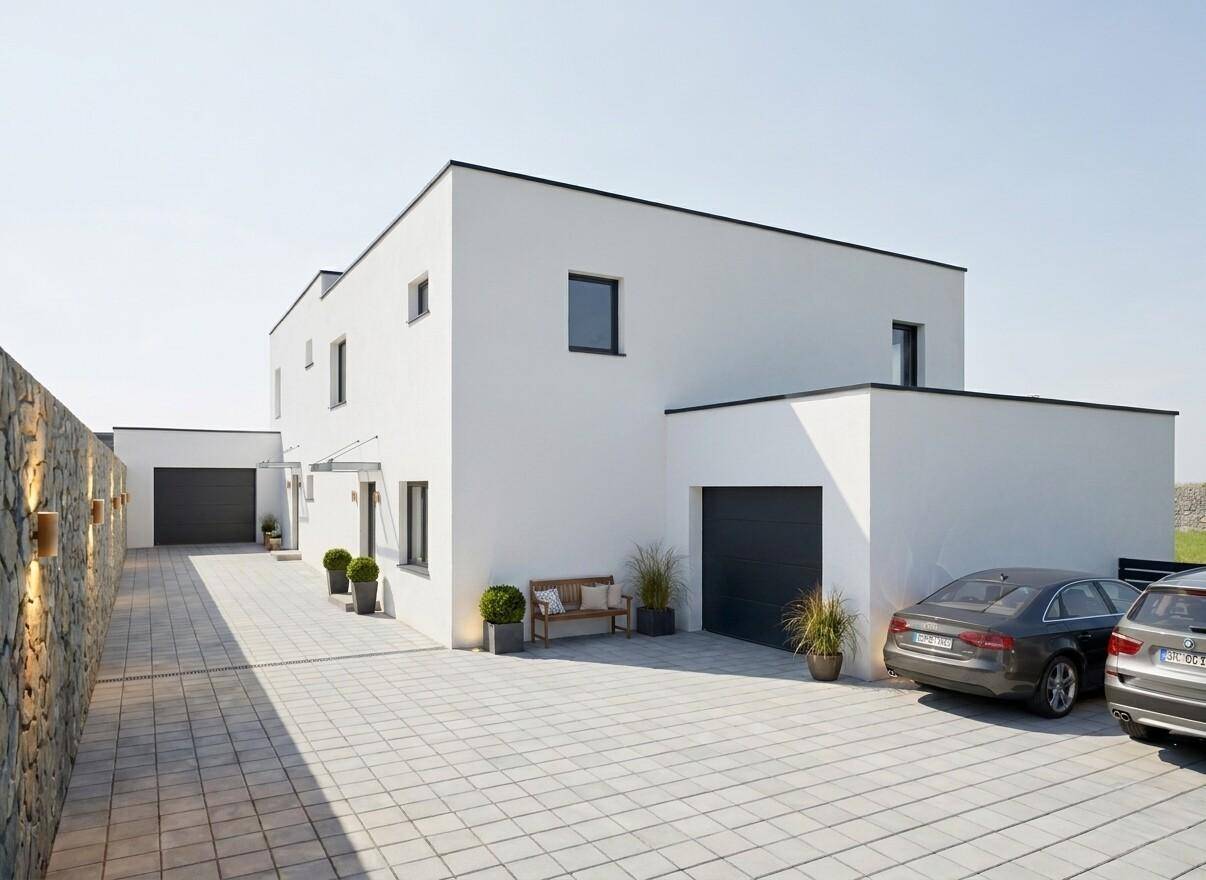 Modernes Einfamilienhaus mit gepflasterter Auffahrt und integrierten Garagen.