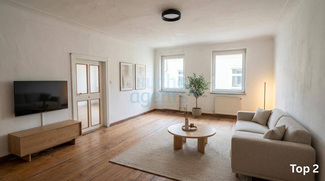 Helles Wohnzimmer mit Holzdielenboden, beigem Sofa und moderner Einrichtung.