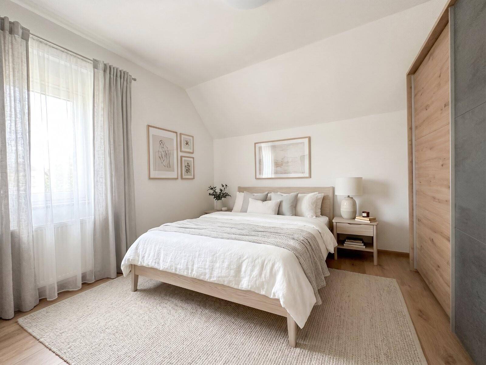 Gemütliches Schlafzimmer mit Holzboden, großem Fenster und modernem Einbauschrank in hellen Farben.