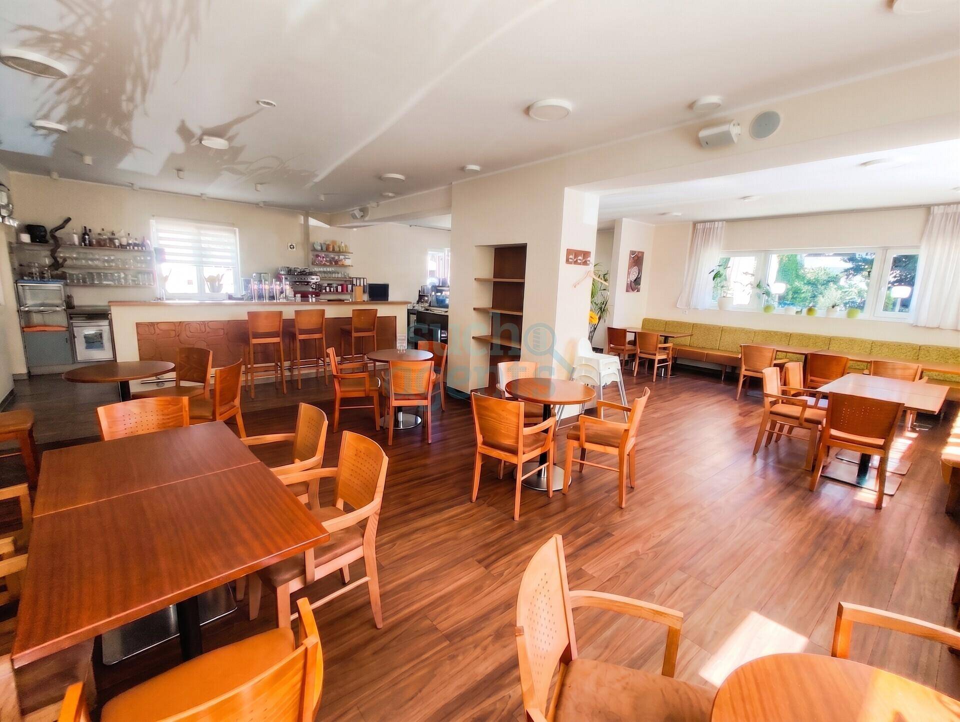 Gemütlicher Gastraum mit Holztischen und Stühlen sowie einer Bar im Hintergrund, gut beleuchtet.