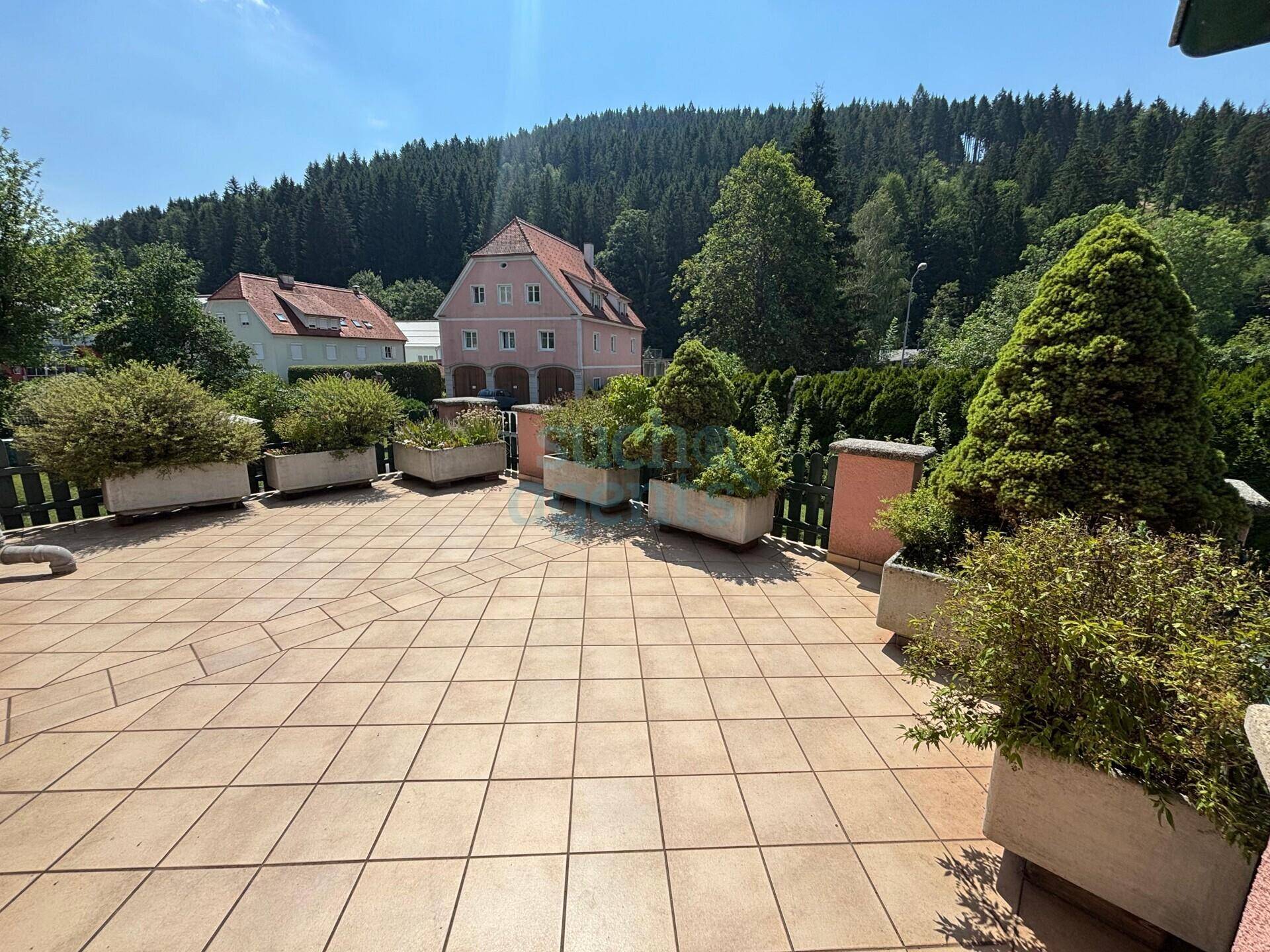 Große geflieste Terrasse mit Pflanzenkübeln und weitem Blick auf bewaldete Hügel.