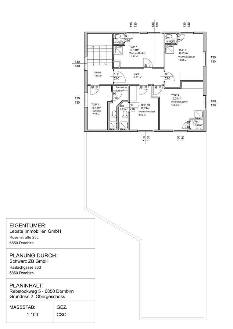 Grundriss des 2. Obergeschosses mit mehreren Wohneinheiten und Bädern.