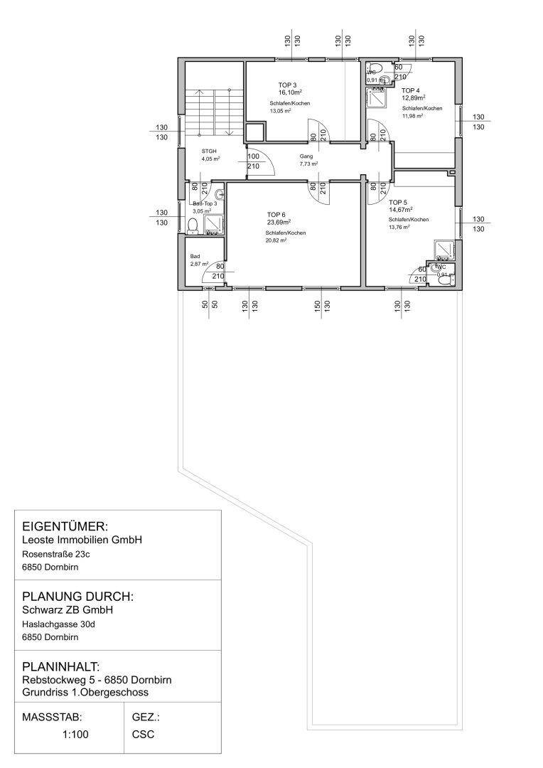Grundriss des 1. Obergeschosses mit verschiedenen Wohnungsgrößen und Bädern.