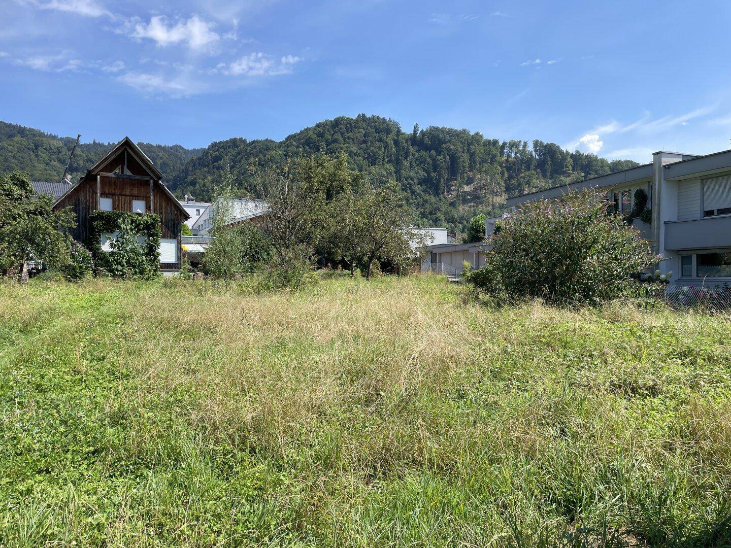 Weitläufiges, naturbelassenes Grundstück mit hohem Gras und Blick auf die bewaldeten Berge und umliegende Bebauung.