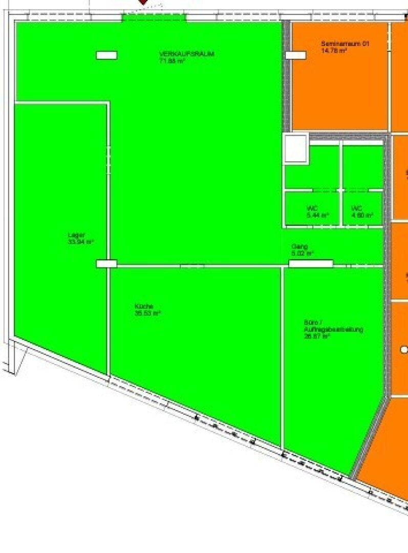 Detaillierter Grundriss mit verschiedenen Räumen wie Verkaufsraum, Lager, Küche und WCs, farblich markiert.