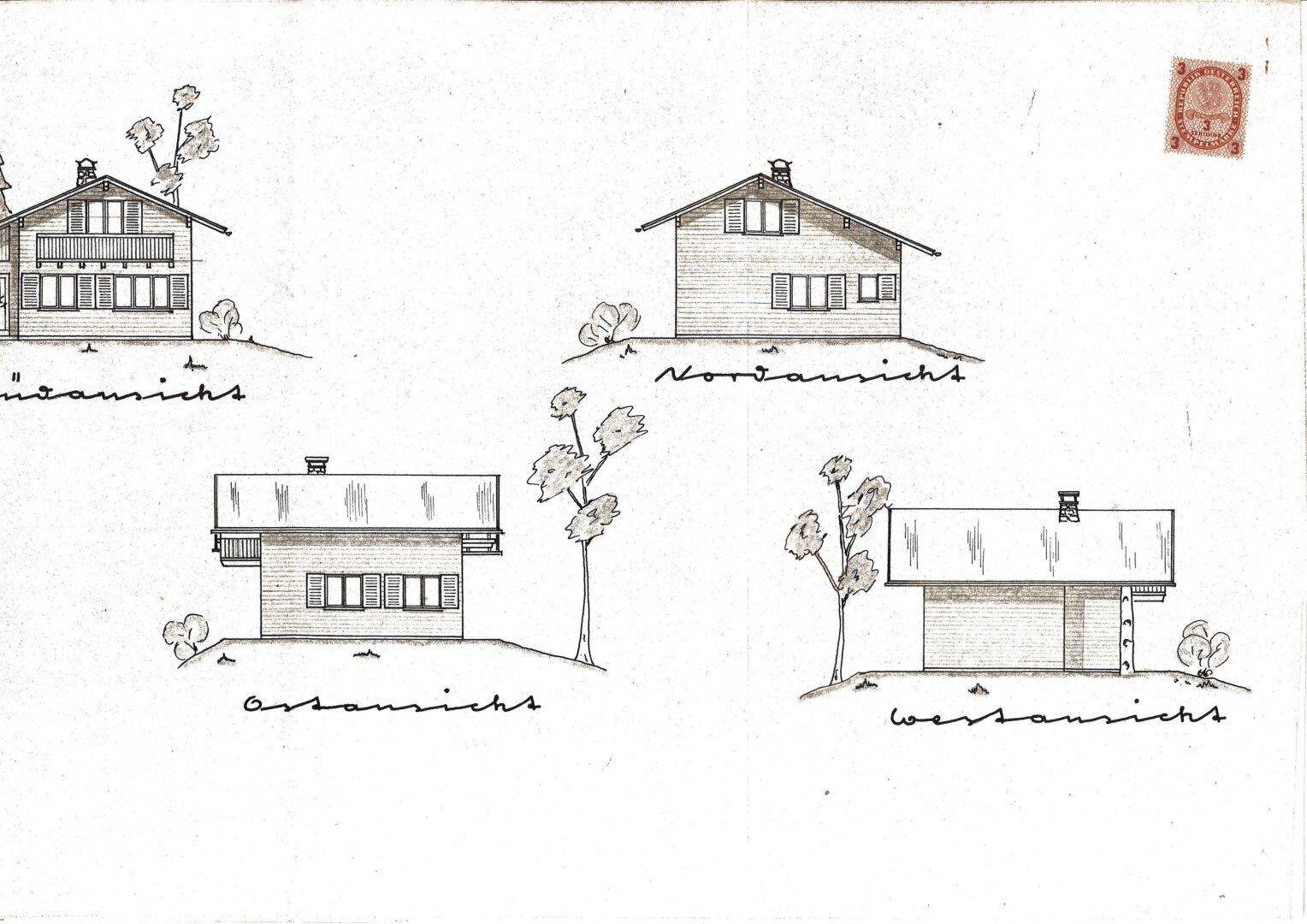 Architektonische Ansichten des Gebäudes von verschiedenen Seiten mit traditionellem Design.